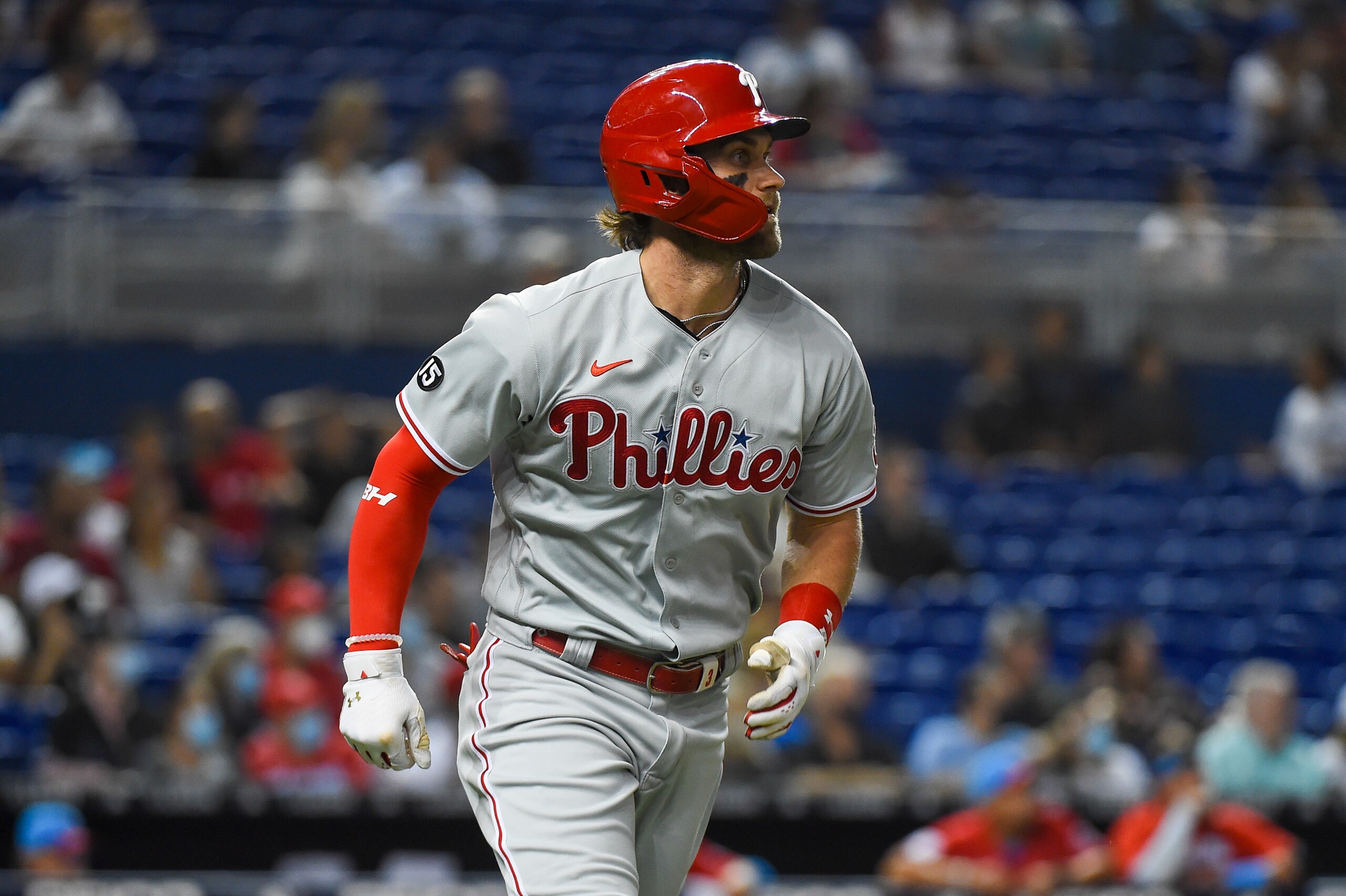 MIAMI, FLORIDA - OCTOBER 01: Bryce Harper #3 of the Philadelphia Phillies hits a double during the third inning against the Miami Marlins at loanDepot park on October 01, 2021 in Miami, Florida. (Photo by Eric Espada/Getty Images)