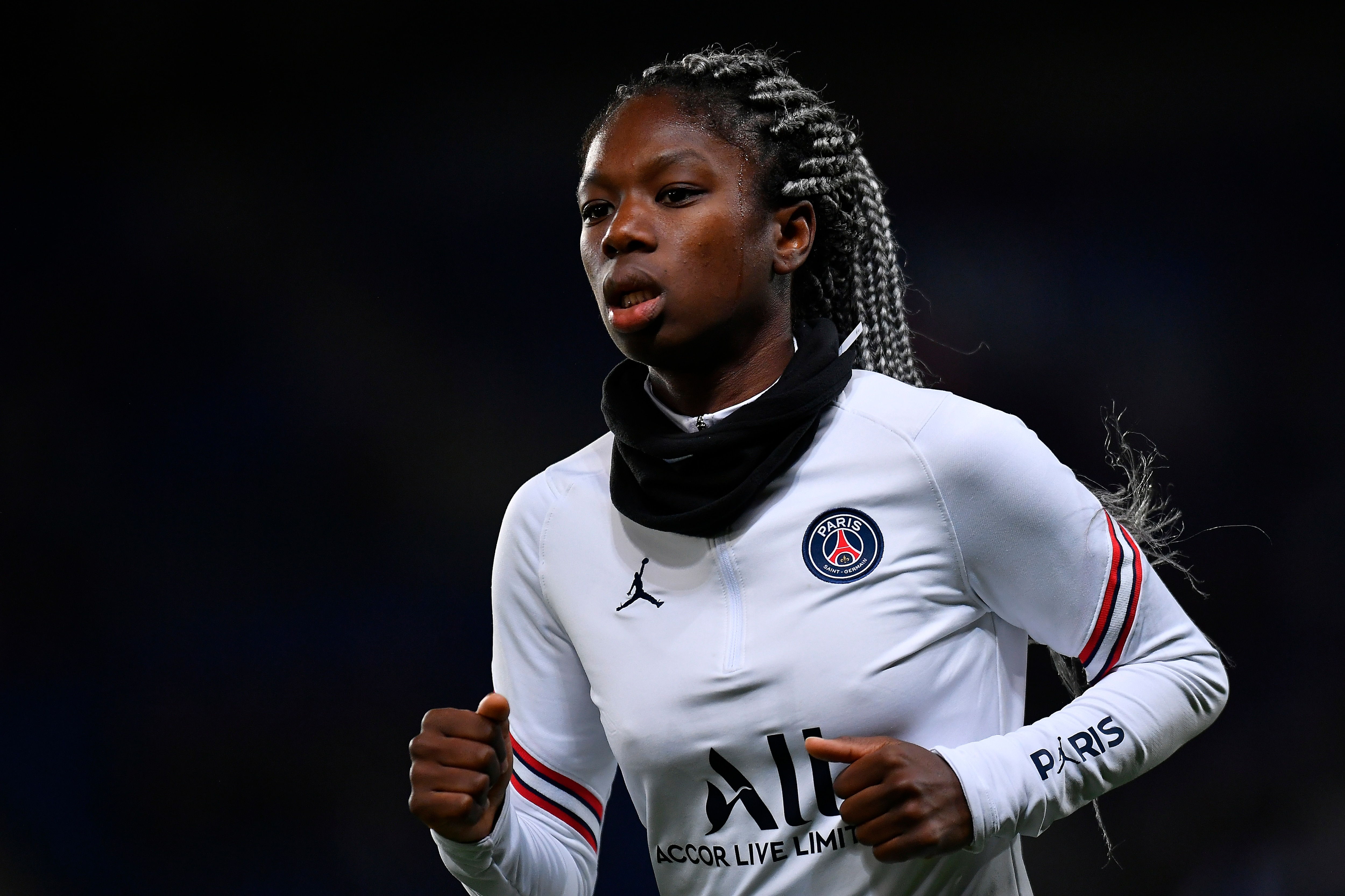 PARIS, FRANCE - NOVEMBER 09: Aminata Diallo of Paris Saint-Germain warms up before the UEFA Women's Champions League group B match between Paris Saint-Germain and Real Madrid at Parc des Princes on November 09, 2021 in Paris, France. (Photo by Aurelien Meunier - PSG/PSG via Getty Images) PARIS, FRANCE - NOVEMBER 09: Aminata Diallo of Paris Saint-Germain warms up before the UEFA Women's Champions League group B match between Paris Saint-Germain and Real Madrid at Parc des Princes on November 09, 2021 in Paris, France. (Photo by Aurelien Meunier - PSG/PSG via Getty Images)
