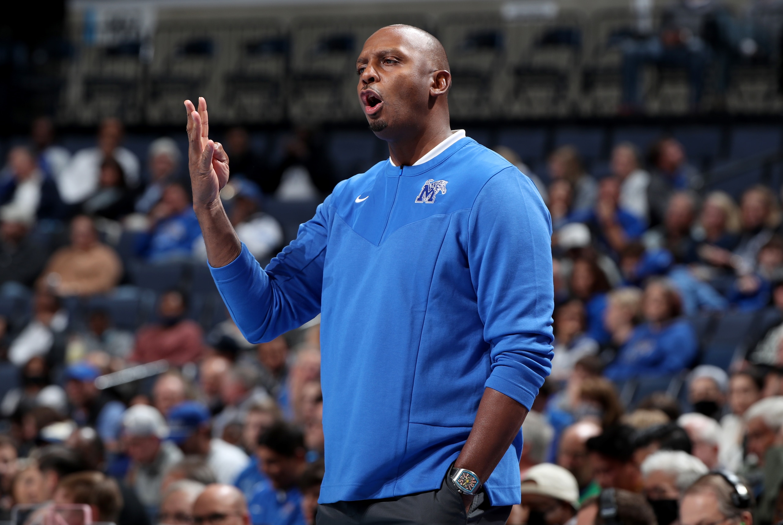 MEMPHIS, TN - NOVEMBER 9:  Head coach Penny Hardaway of the Memphis Tigers calls a play from the sideline against the Tennessee Tech Golden Eagles on November 9, 2021 at FedExForum in Memphis, Tennessee. Memphis defeated Tennessee Tech 89-65. (Photo by Joe Murphy/Getty Images)