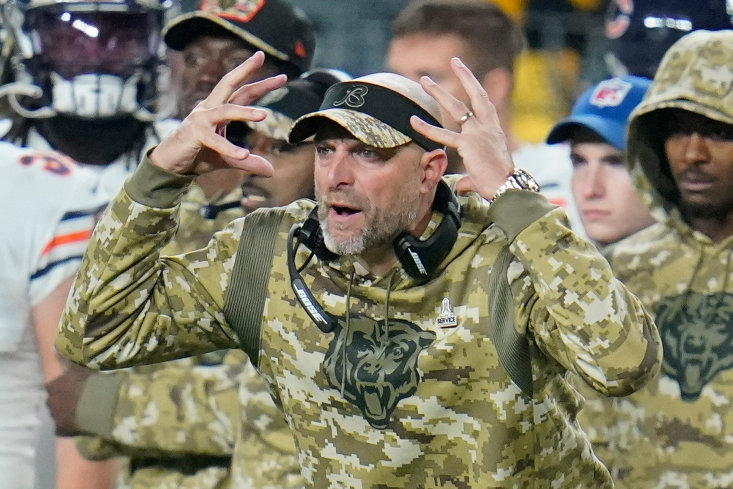 Chicago Bears head coach Matt Nagy yells from the sideline as his team plays against the Pittsburgh Steelers during the second half of an NFL football game, Monday, Nov. 8, 2021, in Pittsburgh. (AP Photo/Gene J. Puskar)
