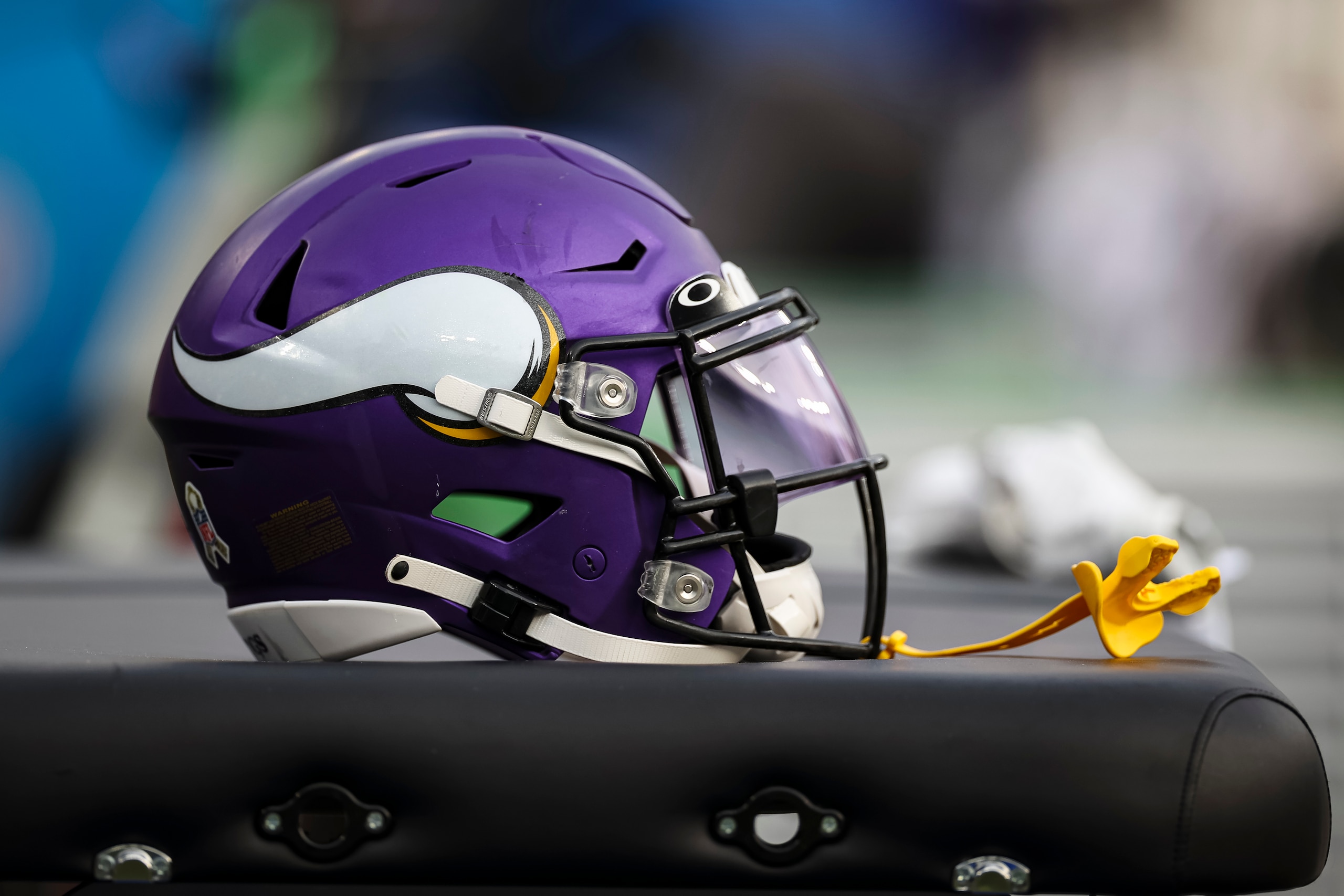 BALTIMORE, MD - NOVEMBER 07: A general view of a Minnesota Vikings helmet on the sideline during the second half of the game between the Baltimore Ravens and the Minnesota Vikings at M&T Bank Stadium on November 7, 2021 in Baltimore, Maryland. (Photo by Scott Taetsch/Getty Images)"nNo licensing by any casino, sportsbook, and/or fantasy sports organization for any purpose. During game play, no use of images within play-by-play, statistical account or depiction of a game (e.g., limited to use of fewer than 10 images during the game)