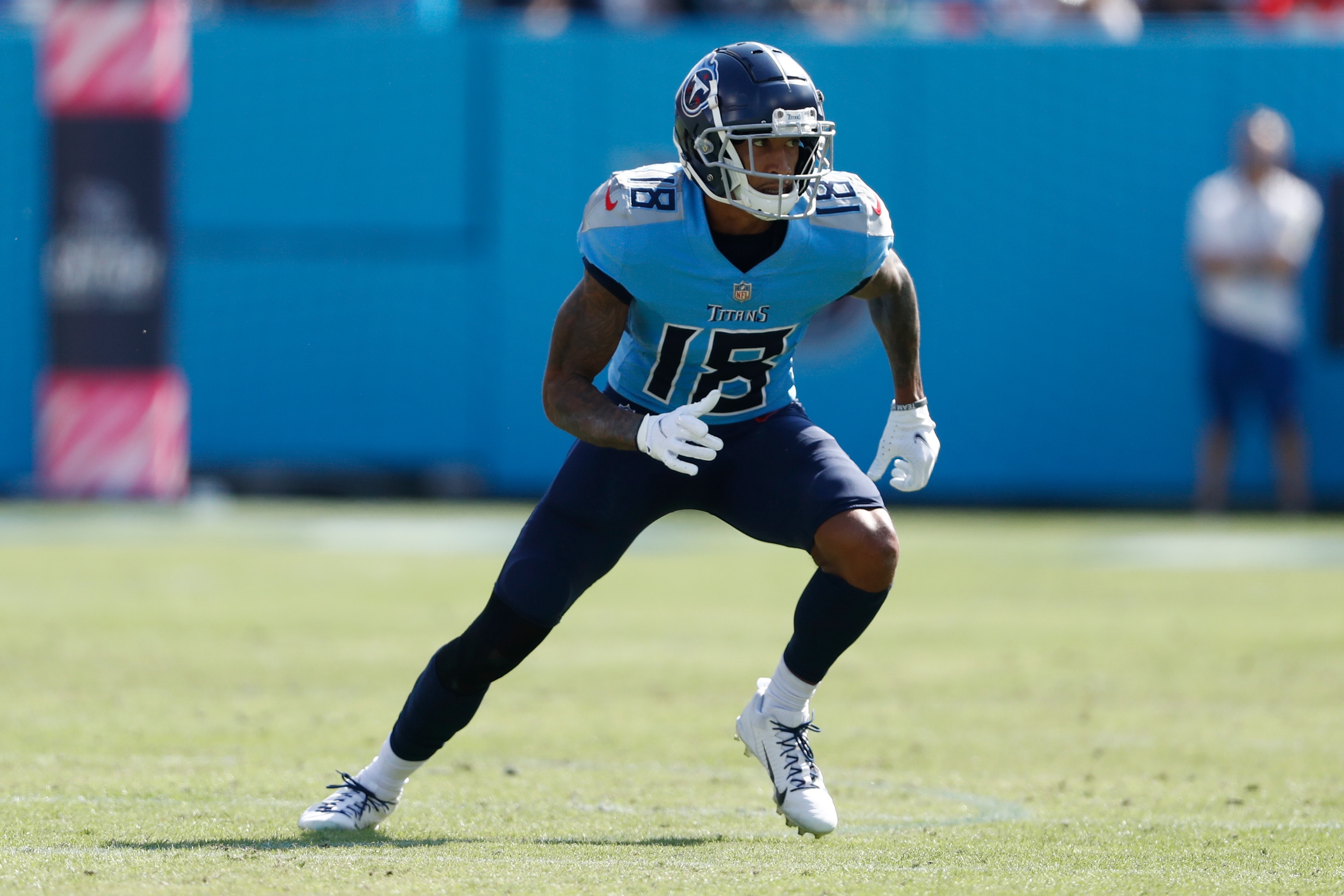 Tennessee Titans wide receiver Josh Reynolds (18) plays against the Kansas City Chiefs in the first half of an NFL football game Sunday, Oct. 24, 2021, in Nashville, Tenn. (AP Photo/Wade Payne)