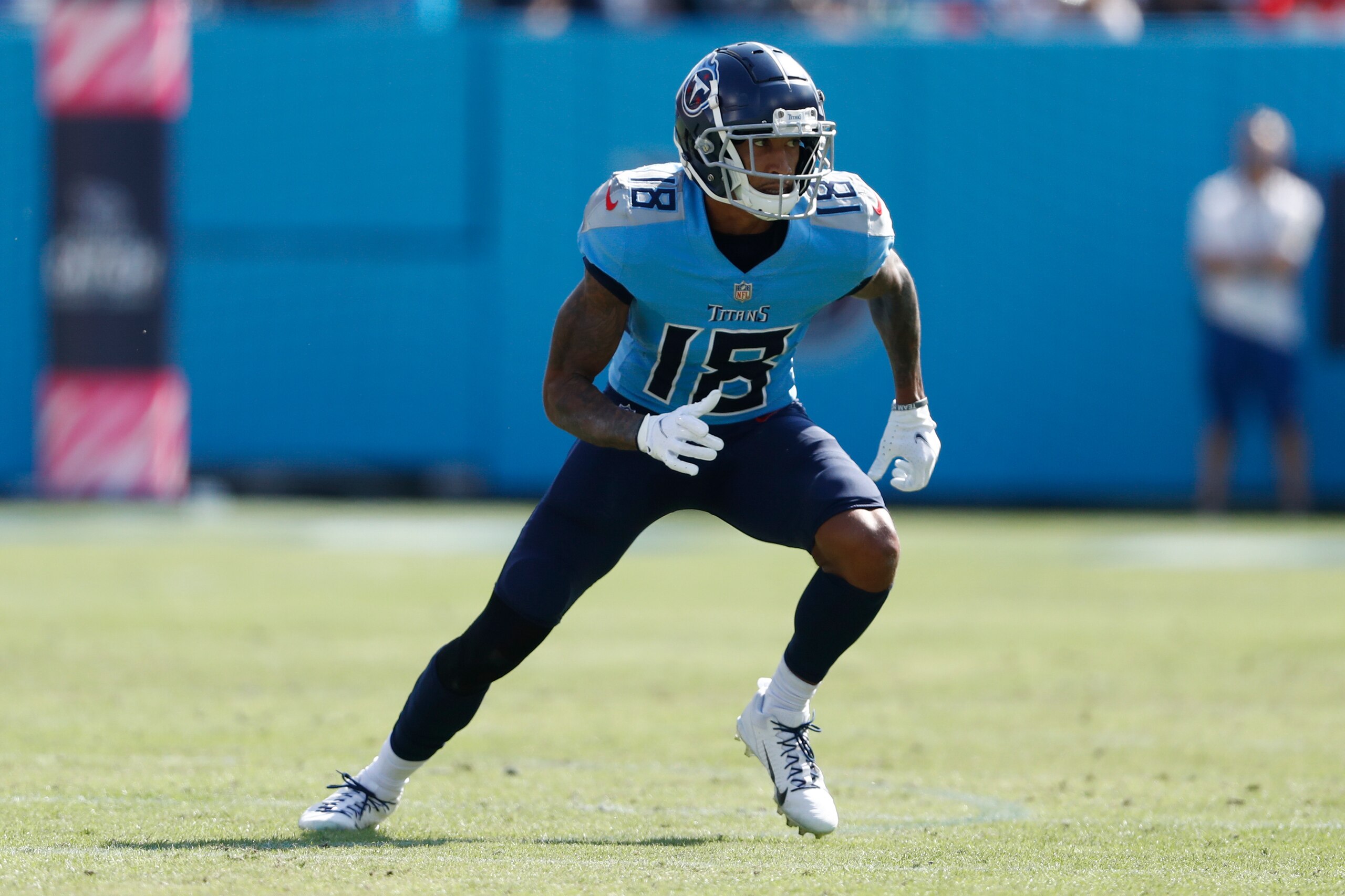 Tennessee Titans wide receiver Josh Reynolds (18) plays against the Kansas City Chiefs in the first half of an NFL football game Sunday, Oct. 24, 2021, in Nashville, Tenn. (AP Photo/Wade Payne)