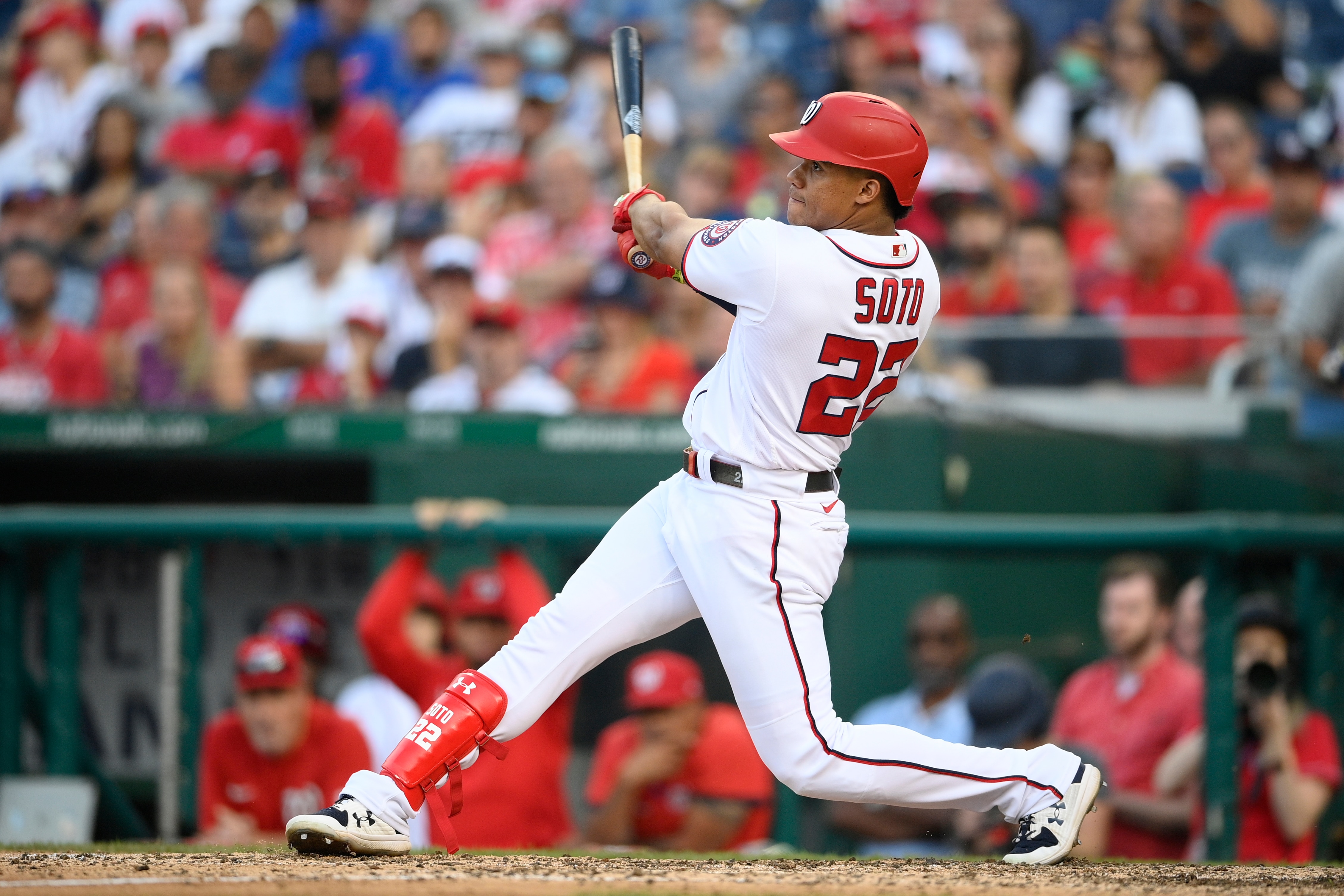 Washington Nationals' Juan Soto bats during a baseball game against the Boston Red Sox, Sunday, Oct. 3, 2021, in Washington. The Red Sox won 7-5. (AP Photo/Nick Wass)