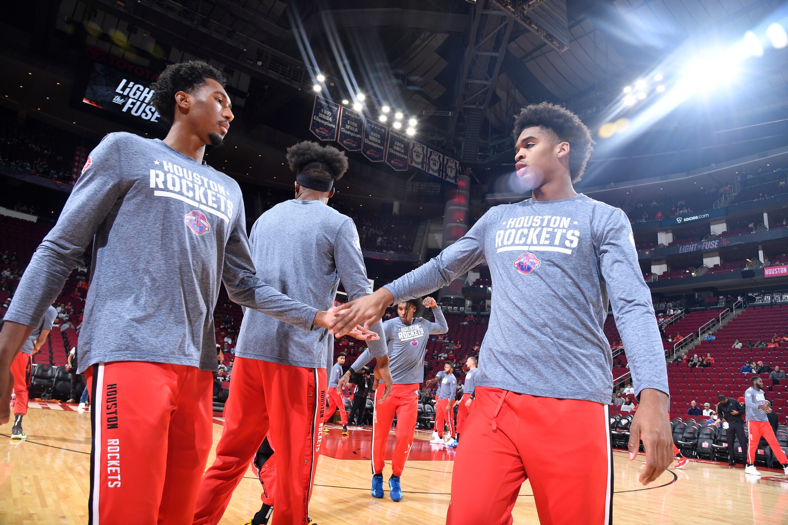 HOUSTON, TX - NOVEMBER 10: Armoni Brooks #7 and Josh Christopher #9 of the Houston Rockets warms up for the game against the Detroit Pistons on November 10, 2021 at Toyota Center in Houston, Texas. NOTE TO USER: User expressly acknowledges and agrees that, by downloading and or using this photograph, user is consenting to the terms and conditions of the Getty Images License Agreement. Mandatory Copyright Notice: Copyright 2021 NBAE (Photo by Logan Riely/NBAE via Getty Images) HOUSTON, TX - NOVEMBER 10: Armoni Brooks #7 and Josh Christopher #9 of the Houston Rockets warms up for the game against the Detroit Pistons on November 10, 2021 at Toyota Center in Houston, Texas. NOTE TO USER: User expressly acknowledges and agrees that, by downloading and or using this photograph, user is consenting to the terms and conditions of the Getty Images License Agreement. Mandatory Copyright Notice: Copyright 2021 NBAE (Photo by Logan Riely/NBAE via Getty Images)