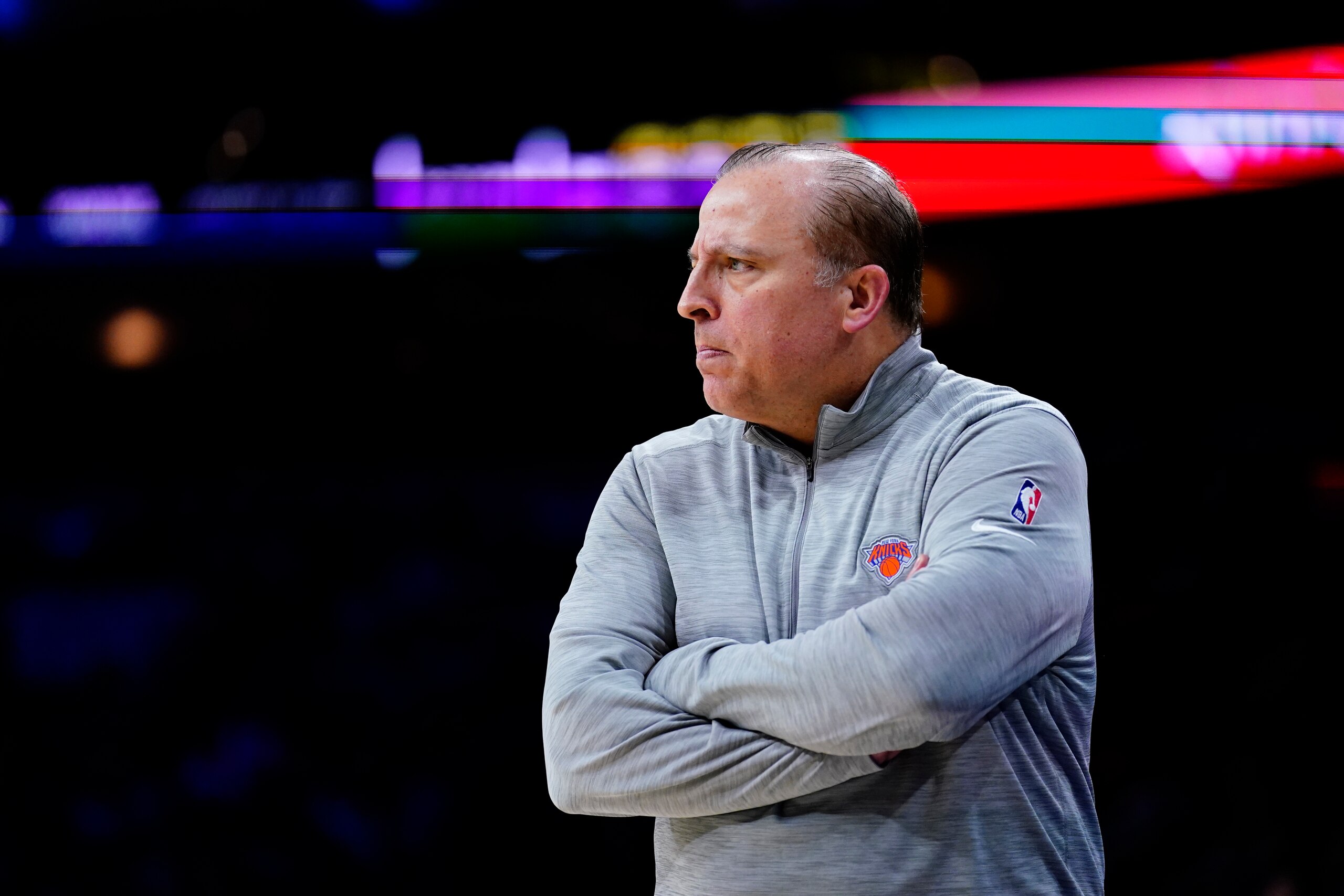 New York Knicks' Tom Thibodeau coaches during an NBA basketball game, Monday, Nov. 8, 2021, in Philadelphia. (AP Photo/Matt Slocum)