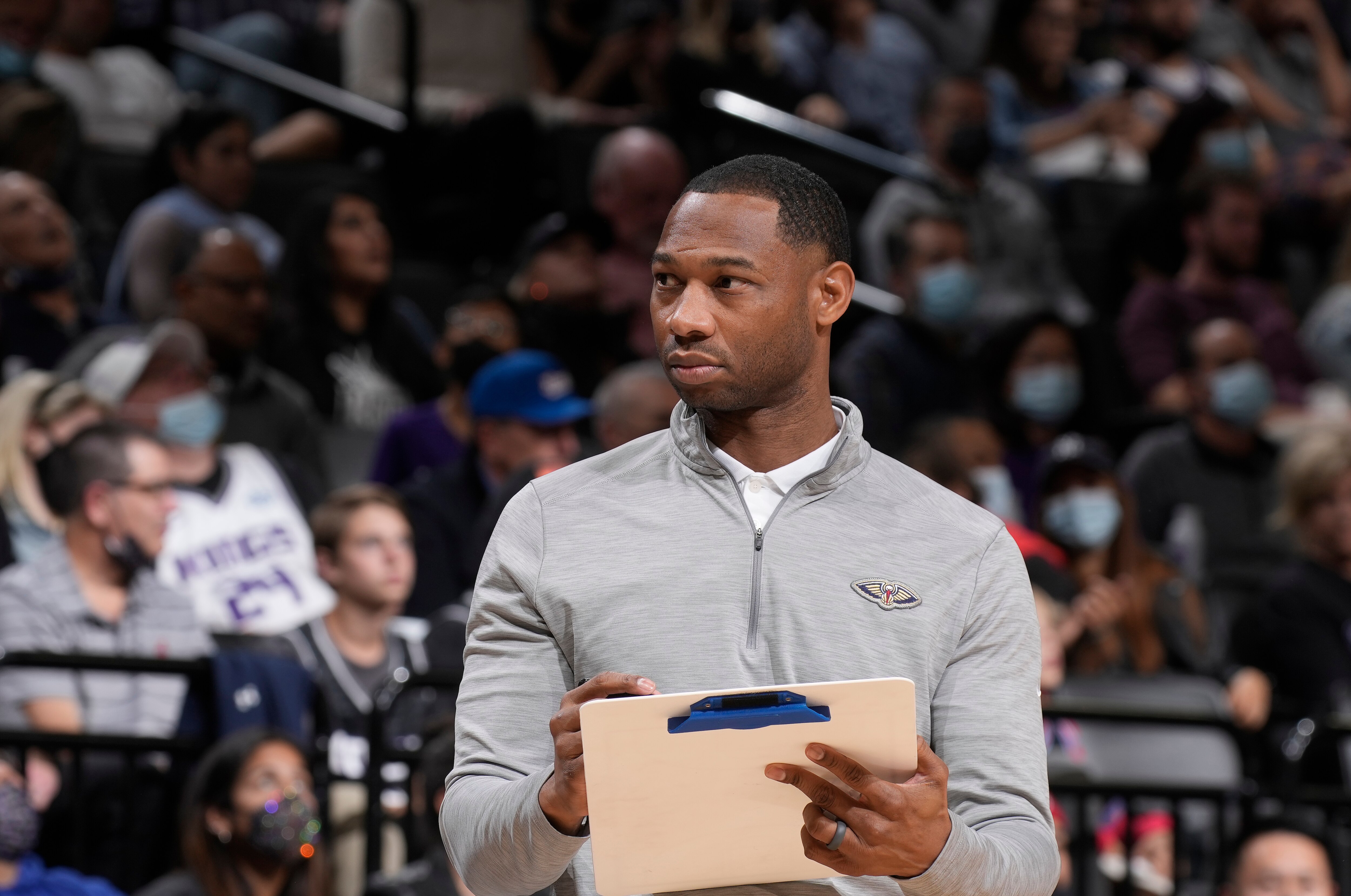 SACRAMENTO, CA - November 3: New Orleans Pelicans head coach Willie Green looks on during the game against the Sacramento Kings on November 3, 2021 at Golden 1 Center in Sacramento, California. NOTE TO USER: User expressly acknowledges and agrees that, by downloading and or using this photograph, User is consenting to the terms and conditions of the Getty Images Agreement. Mandatory Copyright Notice: Copyright 2021 NBAE (Photo by Rocky Widner/NBAE via Getty Images)