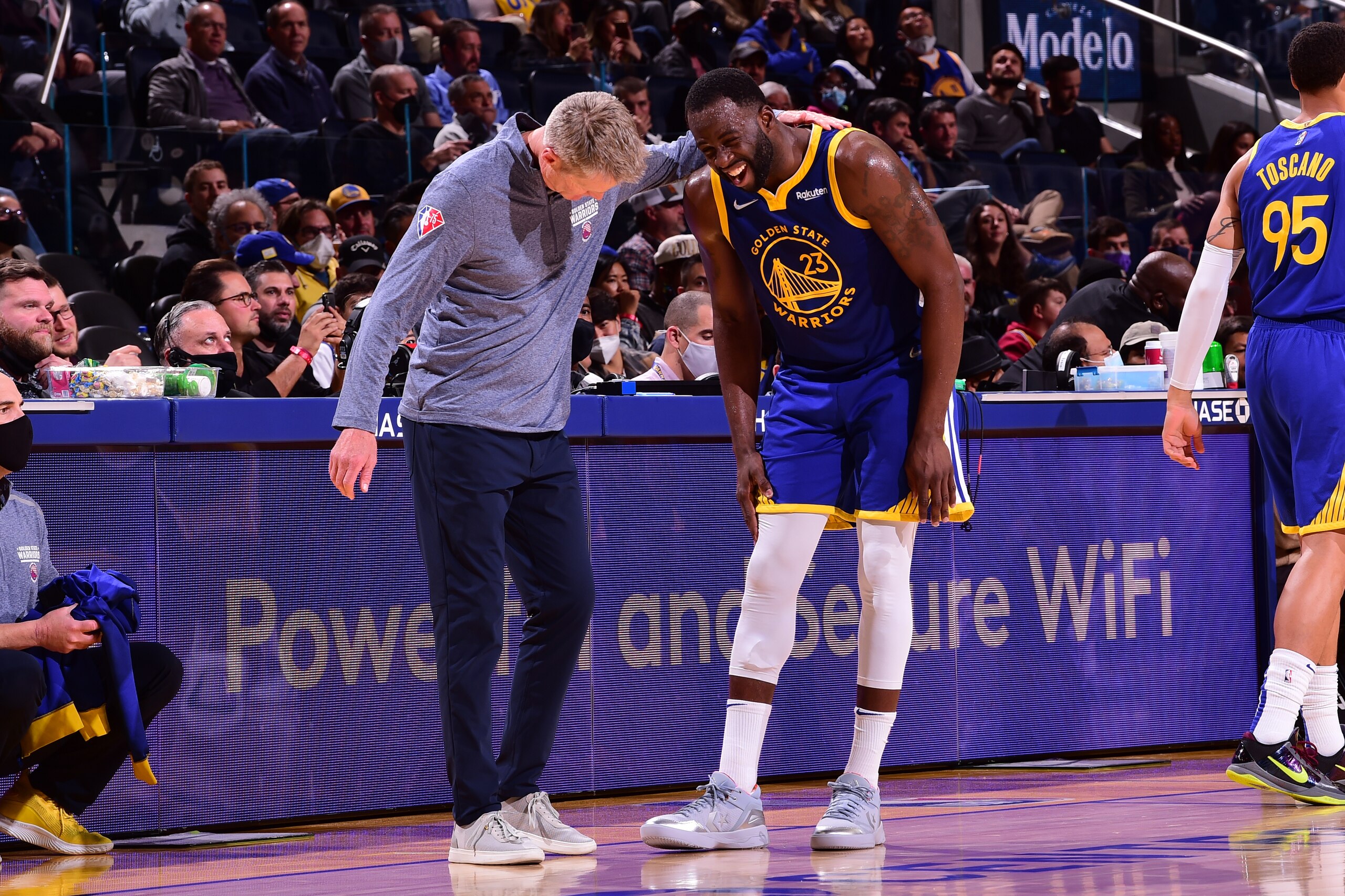 SAN FRANCISCO, CA - NOVEMBER 10: Draymond Green #23 of the Golden State Warriors laughs with Head Coach Steve Kerr of the Golden State Warriors during the game against the Minnesota Timberwolves on November 10, 2021 at Chase Center in San Francisco, California. NOTE TO USER: User expressly acknowledges and agrees that, by downloading and or using this photograph, user is consenting to the terms and conditions of Getty Images License Agreement. Mandatory Copyright Notice: Copyright 2021 NBAE (Photo by Noah Graham/NBAE via Getty Images) SAN FRANCISCO, CA - NOVEMBER 10: Draymond Green #23 of the Golden State Warriors laughs with Head Coach Steve Kerr of the Golden State Warriors during the game against the Minnesota Timberwolves on November 10, 2021 at Chase Center in San Francisco, California. NOTE TO USER: User expressly acknowledges and agrees that, by downloading and or using this photograph, user is consenting to the terms and conditions of Getty Images License Agreement. Mandatory Copyright Notice: Copyright 2021 NBAE (Photo by Noah Graham/NBAE via Getty Images)