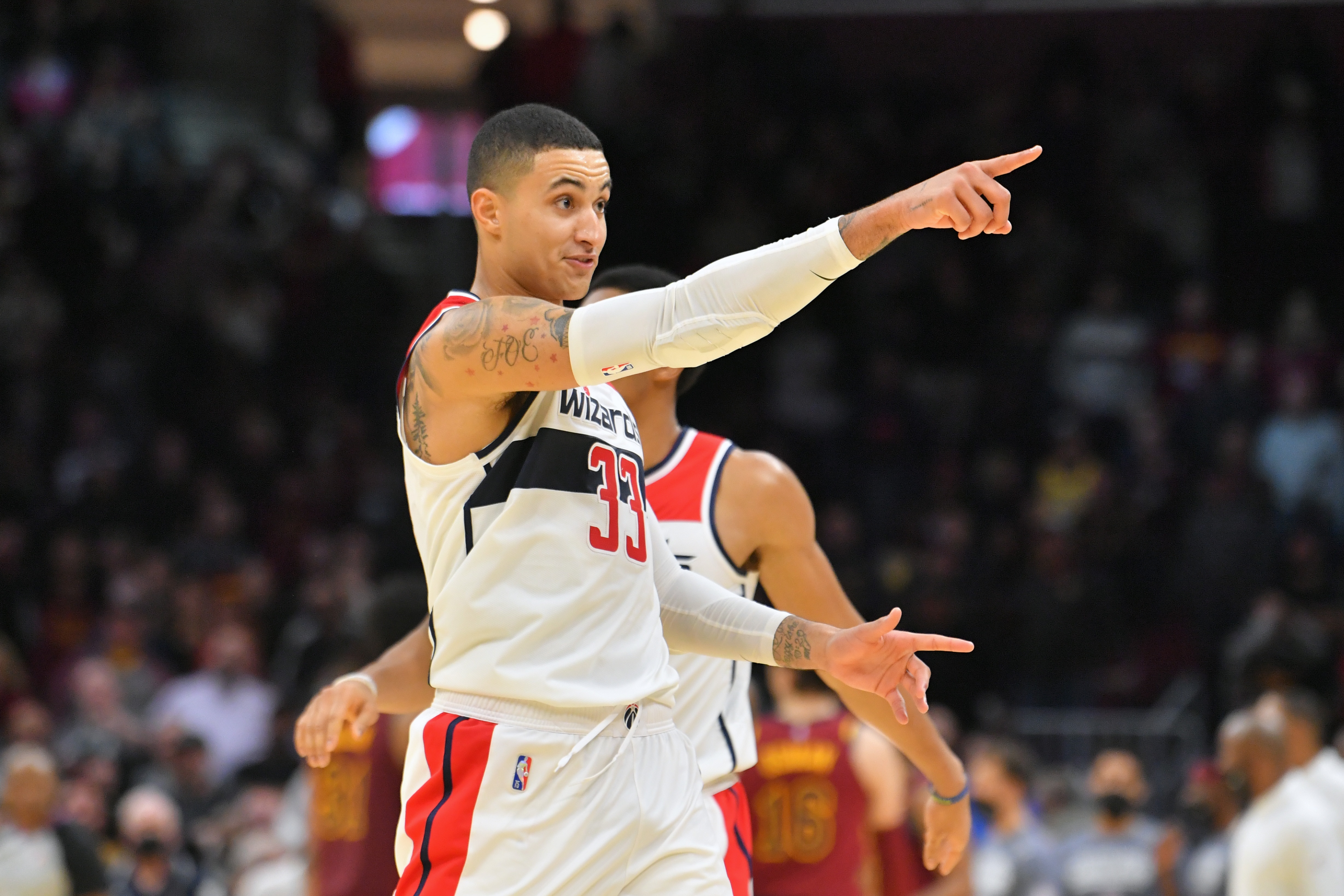 CLEVELAND, OHIO - NOVEMBER 10: Kyle Kuzma #33 of the Washington Wizards celebrates after hitting a game-winning three-point-shot during the final seconds of the fourth quarter against the Cleveland Cavaliers at Rocket Mortgage Fieldhouse on November 10, 2021 in Cleveland, Ohio. The Wizards defeated the Cavaliers 97-94. NOTE TO USER: User expressly acknowledges and agrees that, by downloading and/or using this photograph, user is consenting to the terms and conditions of the Getty Images License Agreement. (Photo by Jason Miller/Getty Images)