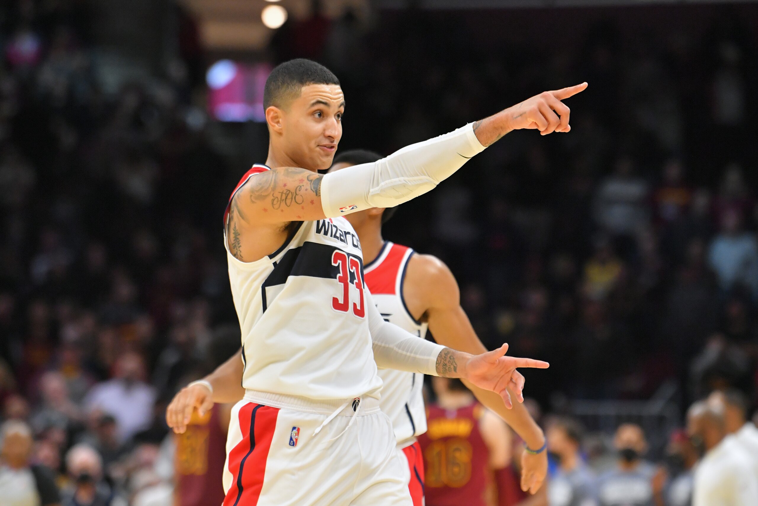 CLEVELAND, OHIO - NOVEMBER 10: Kyle Kuzma #33 of the Washington Wizards celebrates after hitting a game-winning three-point-shot during the final seconds of the fourth quarter against the Cleveland Cavaliers at Rocket Mortgage Fieldhouse on November 10, 2021 in Cleveland, Ohio. The Wizards defeated the Cavaliers 97-94. NOTE TO USER: User expressly acknowledges and agrees that, by downloading and/or using this photograph, user is consenting to the terms and conditions of the Getty Images License Agreement. (Photo by Jason Miller/Getty Images)