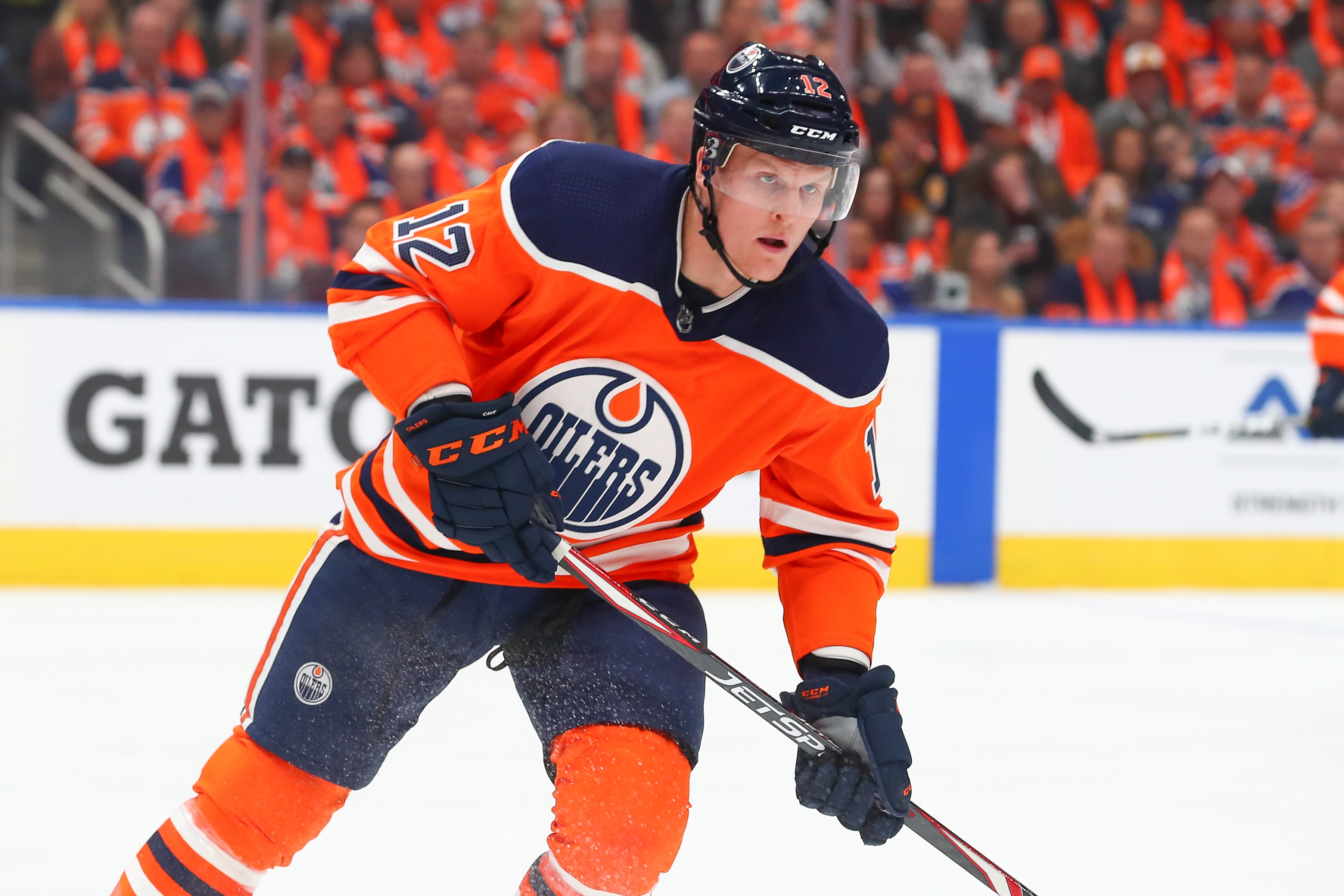 EDMONTON, AB - OCTOBER 02: Edmonton Oilers Center Colby Cave (12) defends his own zone in the first period during the Edmonton Oilers game versus the Vancouver Canucks on October 2, 2019 at Rogers Place in Edmonton, AB.(Photo by Curtis Comeau/Icon Sportswire via Getty Images)