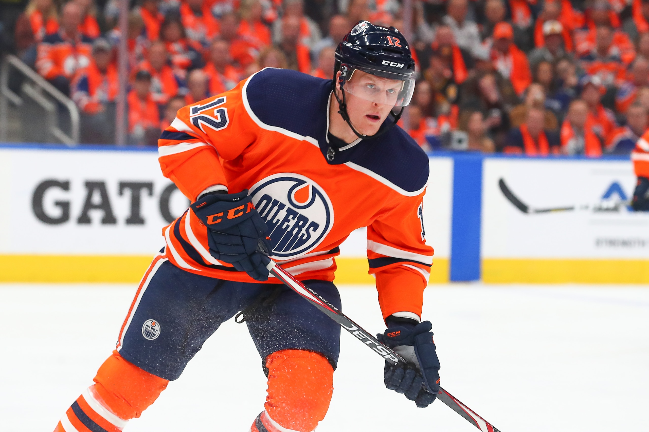 EDMONTON, AB - OCTOBER 02: Edmonton Oilers Center Colby Cave (12) defends his own zone in the first period during the Edmonton Oilers game versus the Vancouver Canucks on October 2, 2019 at Rogers Place in Edmonton, AB.(Photo by Curtis Comeau/Icon Sportswire via Getty Images)