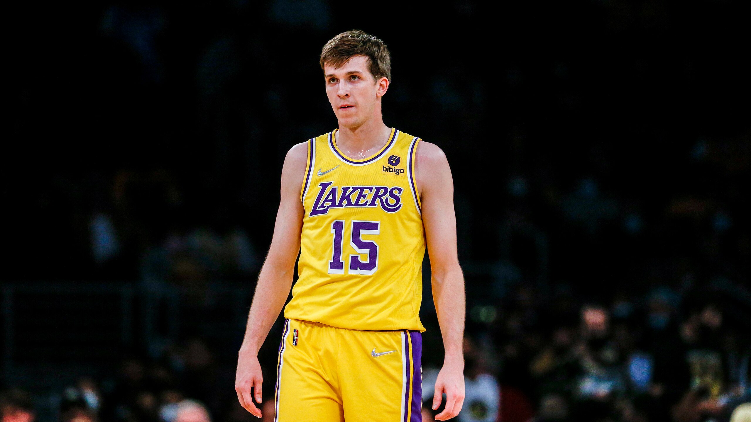 Los Angeles Lakers guard Austin Reaves (15) stands during the first half of a preseason NBA basketball game against the Golden State Warriors in Los Angeles, Tuesday, Oct. 12, 2021. (AP Photo/Ringo H.W. Chiu) Los Angeles Lakers guard Austin Reaves (15) stands during the first half of a preseason NBA basketball game against the Golden State Warriors in Los Angeles, Tuesday, Oct. 12, 2021. (AP Photo/Ringo H.W. Chiu)