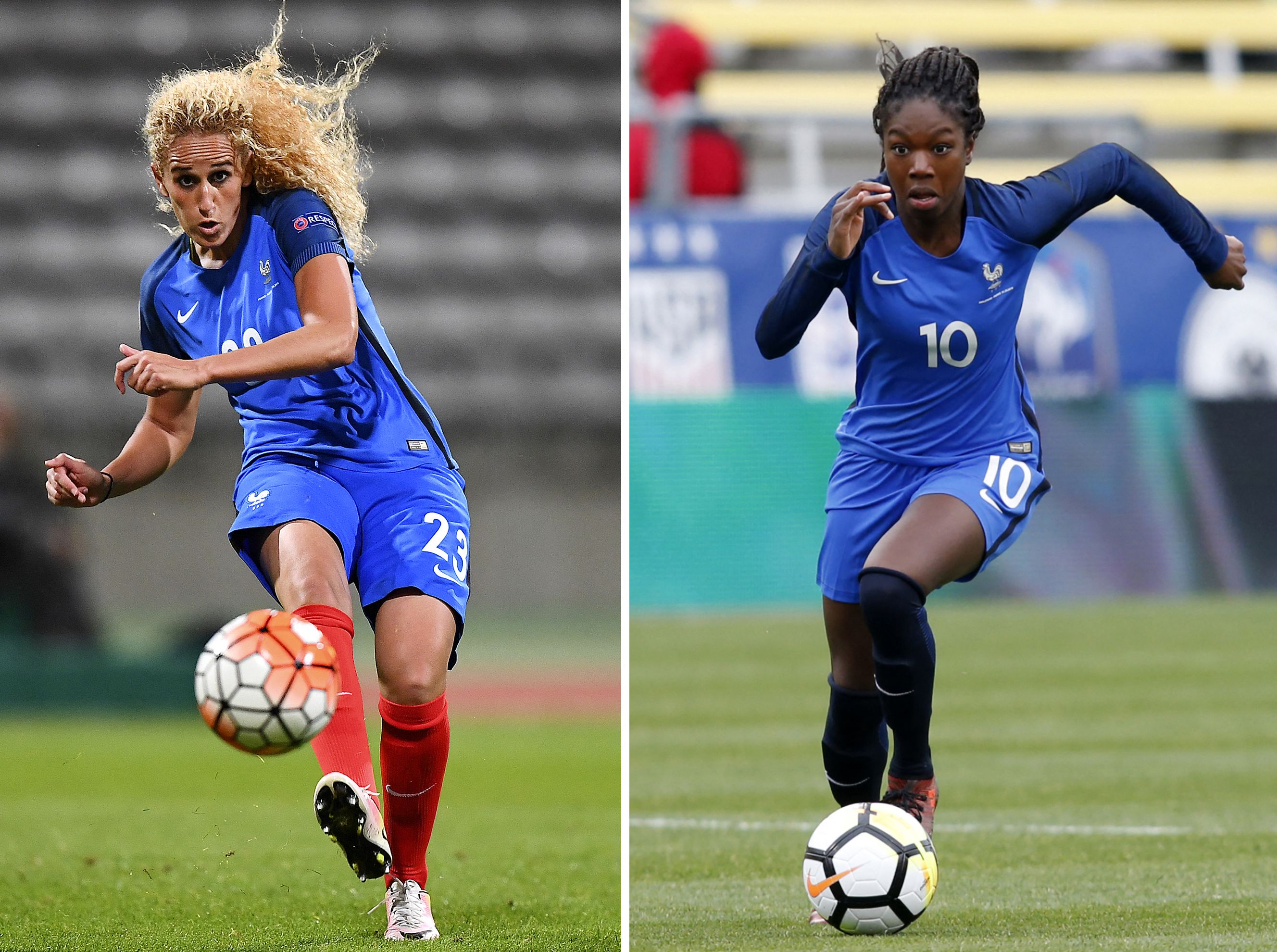 (COMBO/FILES) This combination of file photographs created on November 10, 2021, shows (L) France's midfielder Kheira Hamraoui as she kicks the ball during the women's Euro 2017 qualifying football match between France and Albania at The Charlety Stadium in Paris on September 20, 2016 and (R) France's midfielder Aminata Diallo as she runs with the ball during a 'SheBelieves Cup' football match between France and England at The Mapfre Stadium in Columbus, Ohio on March 1, 2018. - Paris Saint-Germain women's footballer Aminata Diallo was detained by police on November 10, 2021, in connection with a vicious street assault on a teammate and fellow French national player last week, her club said. (Photo by Franck FIFE and Paul VERNON / AFP) (Photo by FRANCK FIFE,PAUL VERNON/AFP via Getty Images) (COMBO/FILES) This combination of file photographs created on November 10, 2021, shows (L) France's midfielder Kheira Hamraoui as she kicks the ball during the women's Euro 2017 qualifying football match between France and Albania at The Charlety Stadium in Paris on September 20, 2016 and (R) France's midfielder Aminata Diallo as she runs with the ball during a 'SheBelieves Cup' football match between France and England at The Mapfre Stadium in Columbus, Ohio on March 1, 2018. - Paris Saint-Germain women's footballer Aminata Diallo was detained by police on November 10, 2021, in connection with a vicious street assault on a teammate and fellow French national player last week, her club said. (Photo by Franck FIFE and Paul VERNON / AFP) (Photo by FRANCK FIFE,PAUL VERNON/AFP via Getty Images)