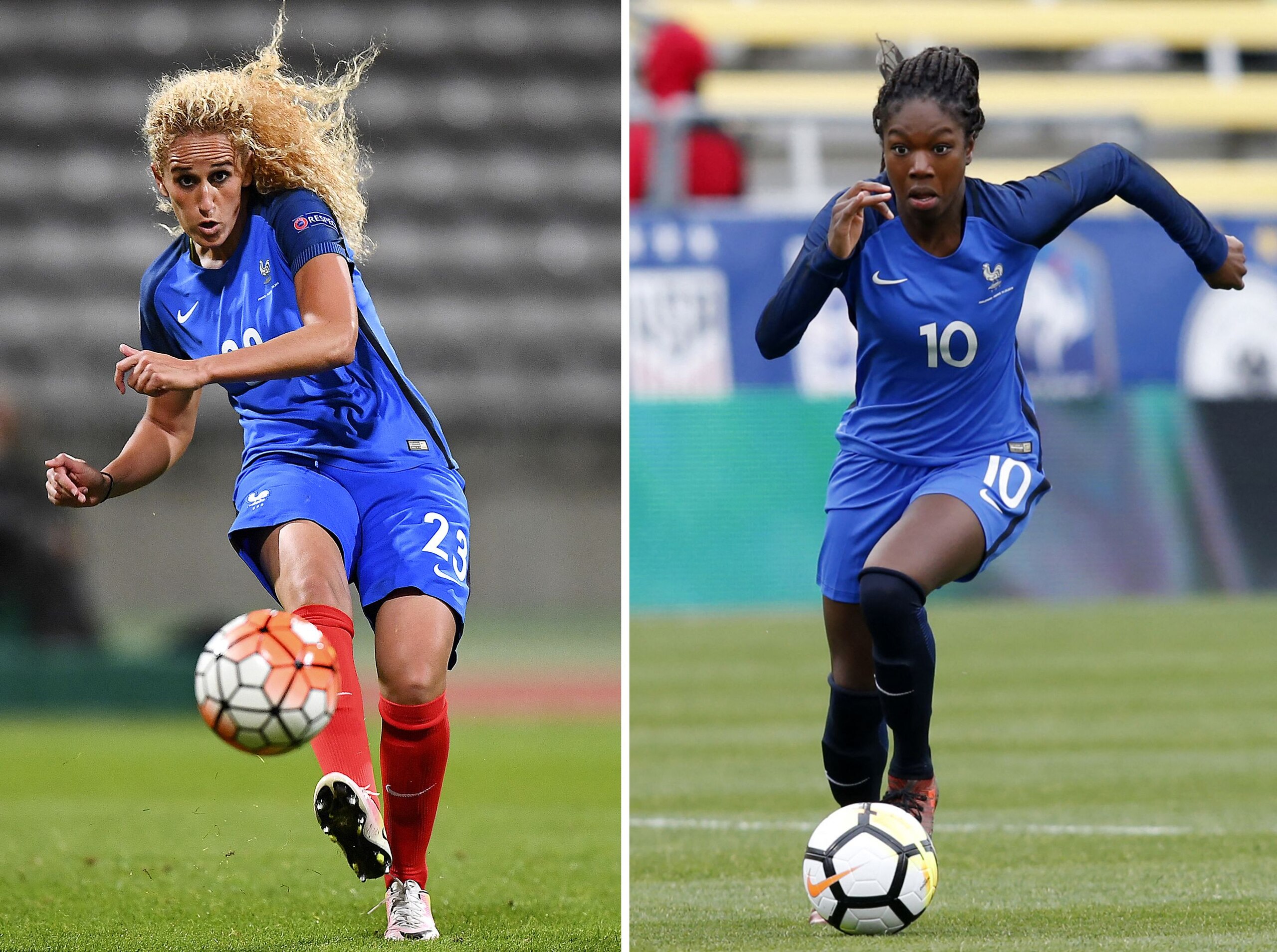 (COMBO/FILES) This combination of file photographs created on November 10, 2021, shows (L) France's midfielder Kheira Hamraoui as she kicks the ball during the women's Euro 2017 qualifying football match between France and Albania at The Charlety Stadium in Paris on September 20, 2016 and (R) France's midfielder Aminata Diallo as she runs with the ball during a 'SheBelieves Cup' football match between France and England at The Mapfre Stadium in Columbus, Ohio on March 1, 2018. - Paris Saint-Germain women's footballer Aminata Diallo was detained by police on November 10, 2021, in connection with a vicious street assault on a teammate and fellow French national player last week, her club said. (Photo by Franck FIFE and Paul VERNON / AFP) (Photo by FRANCK FIFE,PAUL VERNON/AFP via Getty Images)