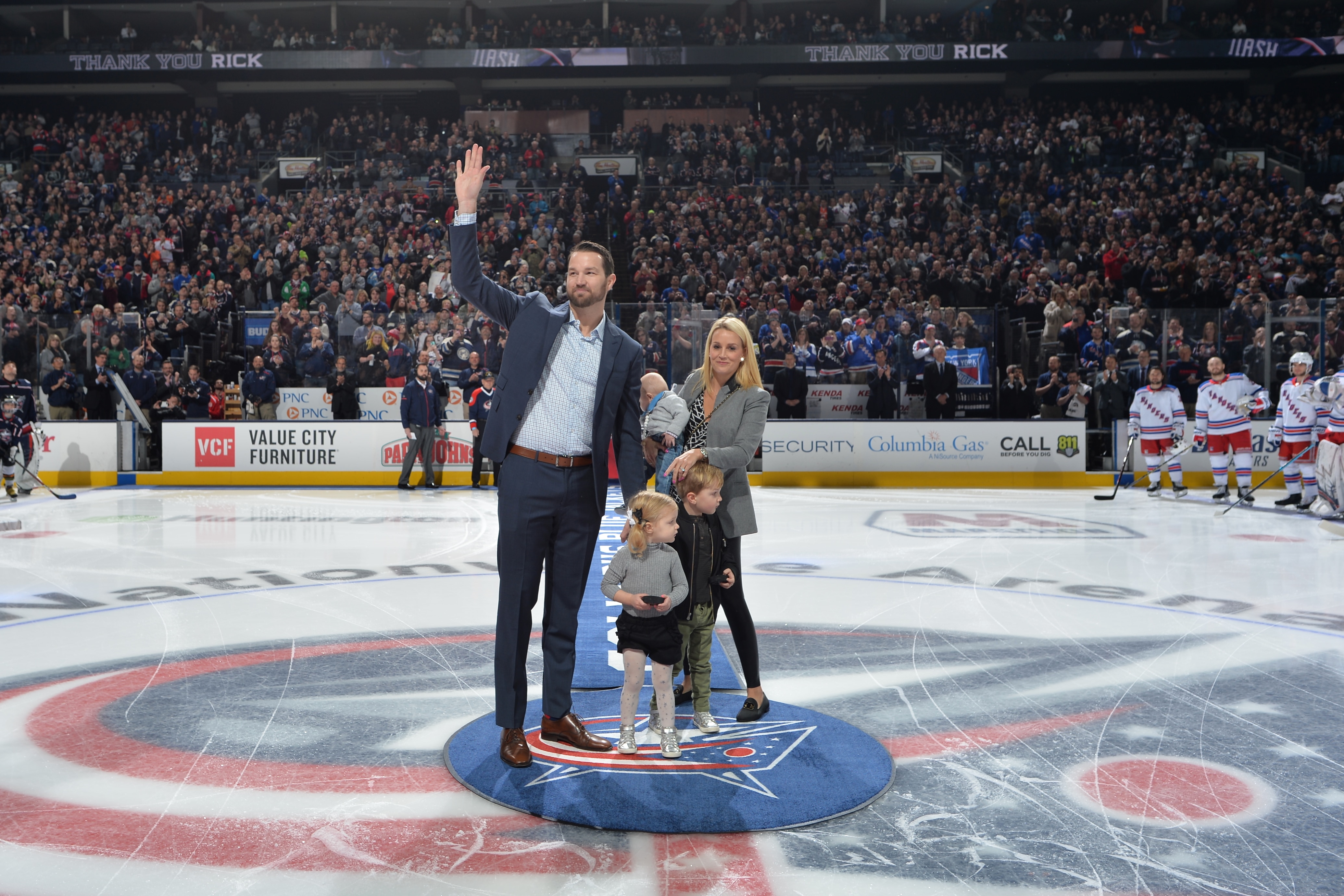 COLUMBUS, OH - JANUARY 13: Rick Nash waves to the fans after being recognized prior to the start of a game between the Columbus Blue Jackets and the New York Rangers on January 13, 2019 at Nationwide Arena in Columbus, Ohio.  (Photo by Jamie Sabau/NHLI via Getty Images) 