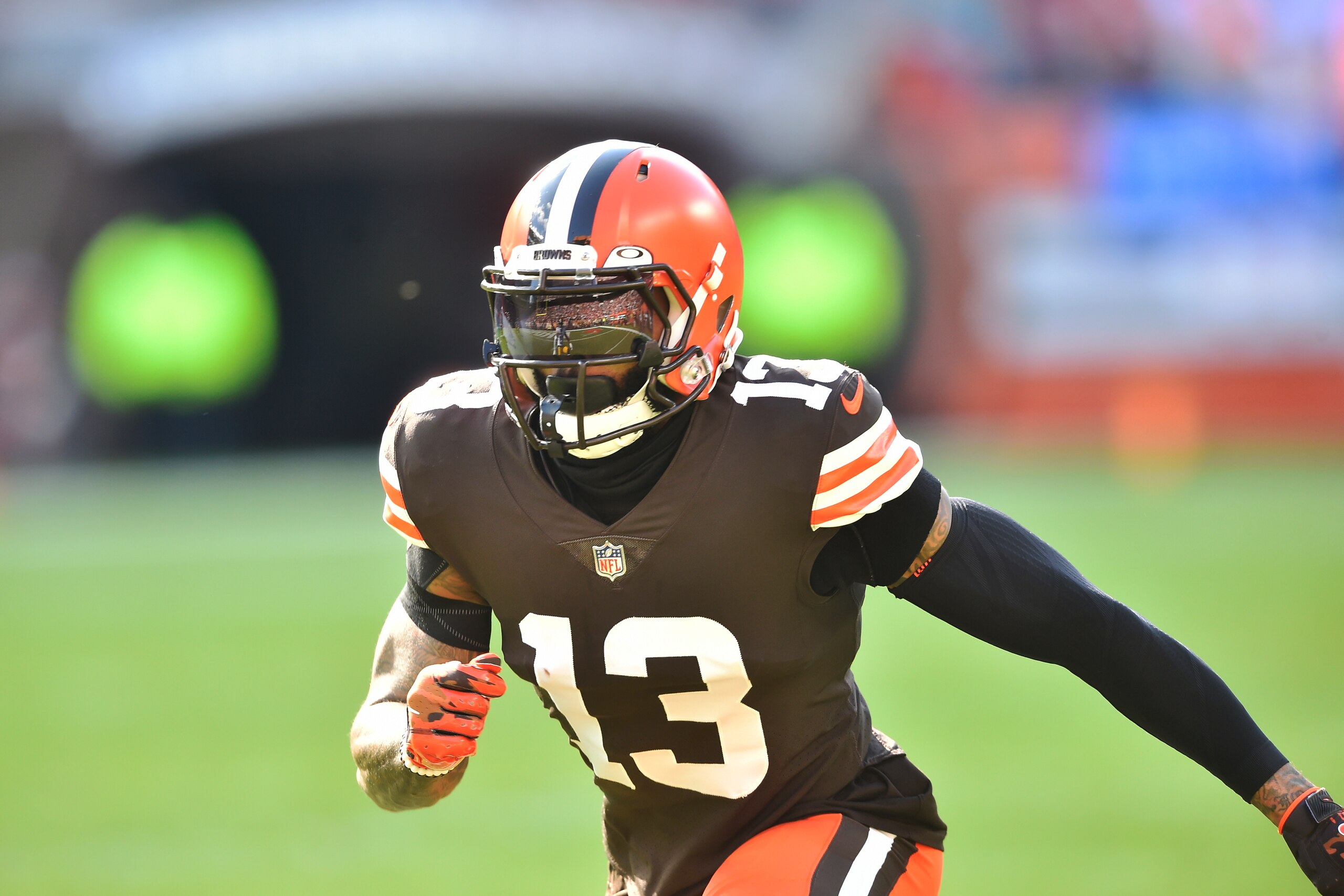 Cleveland Browns wide receiver Odell Beckham Jr. runs a route during an NFL football game against the Pittsburgh Steelers, Sunday, Oct. 31, 2021, in Cleveland. The Steelers won 15-10. (AP Photo/David Richard)