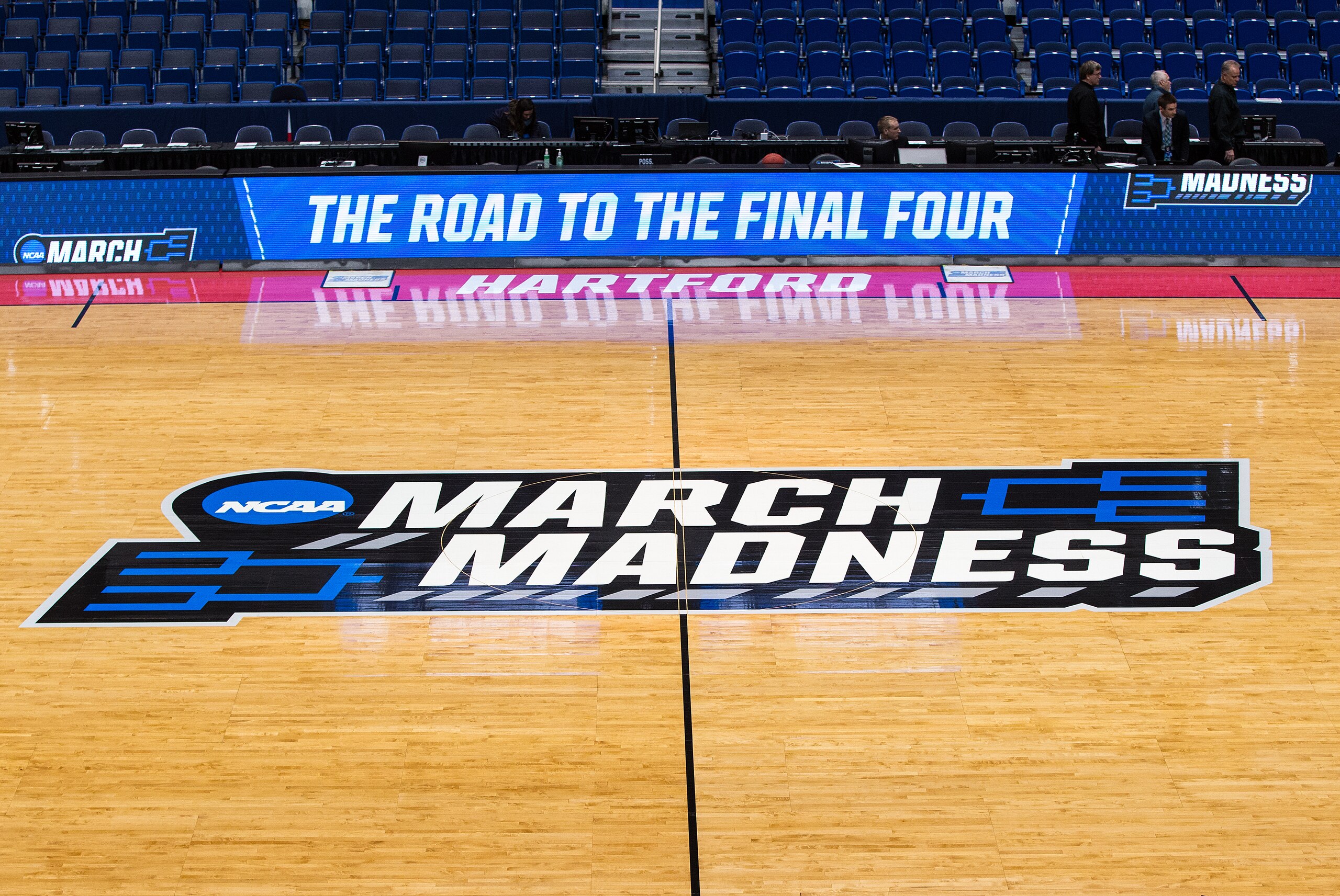 HARTFORD, CT - MARCH 21: A general view of the NCAA logo during the first round of March Madness on March 21, 2019, at XL Center in Hartford, CT. (Photo by M. Anthony Nesmith/Icon Sportswire via Getty Images)