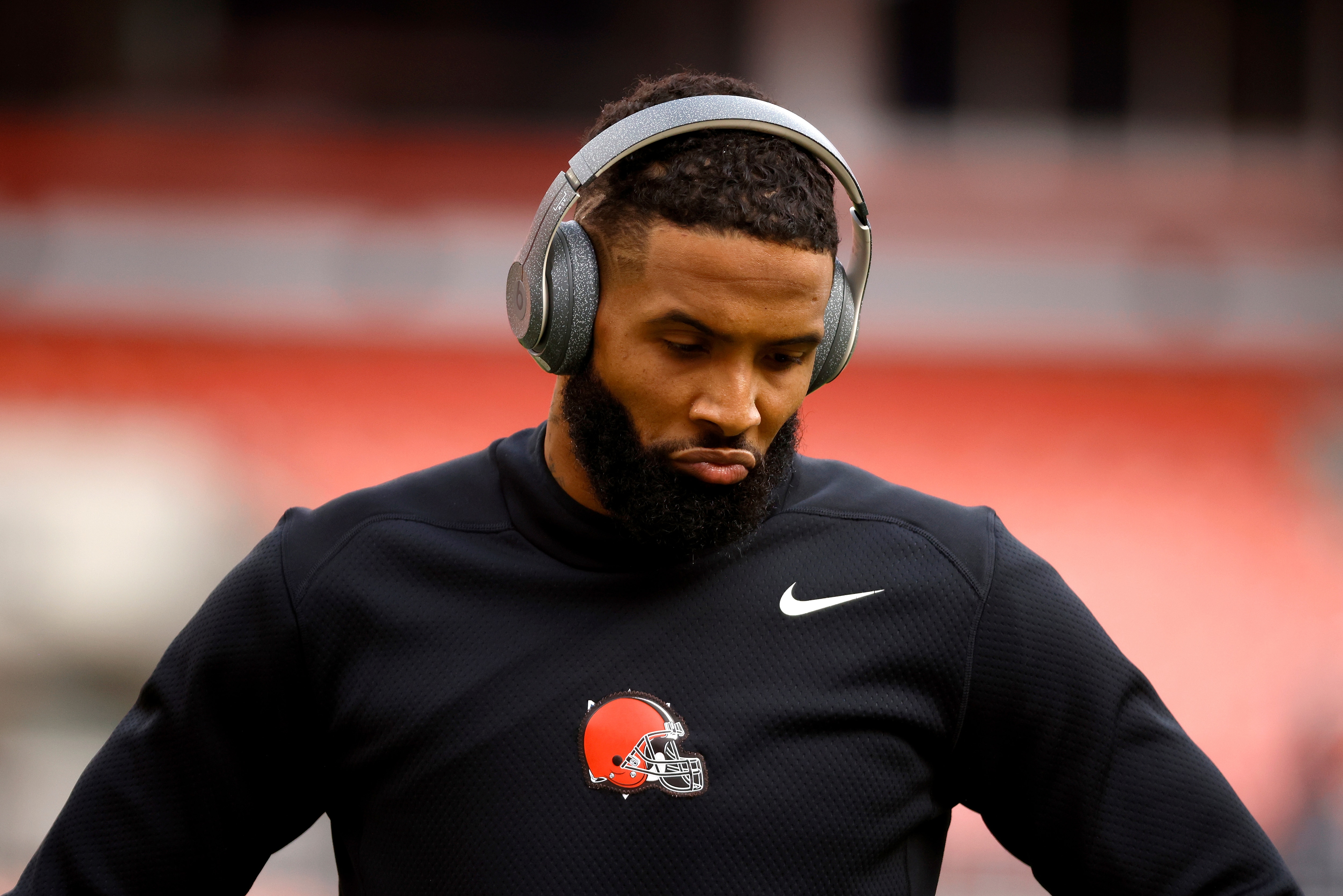 Cleveland Browns wide receiver Odell Beckham Jr. (13) warms up prior to the start of an NFL football game against the Pittsburgh Steelers, Sunday, Oct. 31, 2021, in Cleveland. (AP Photo/Kirk Irwin)