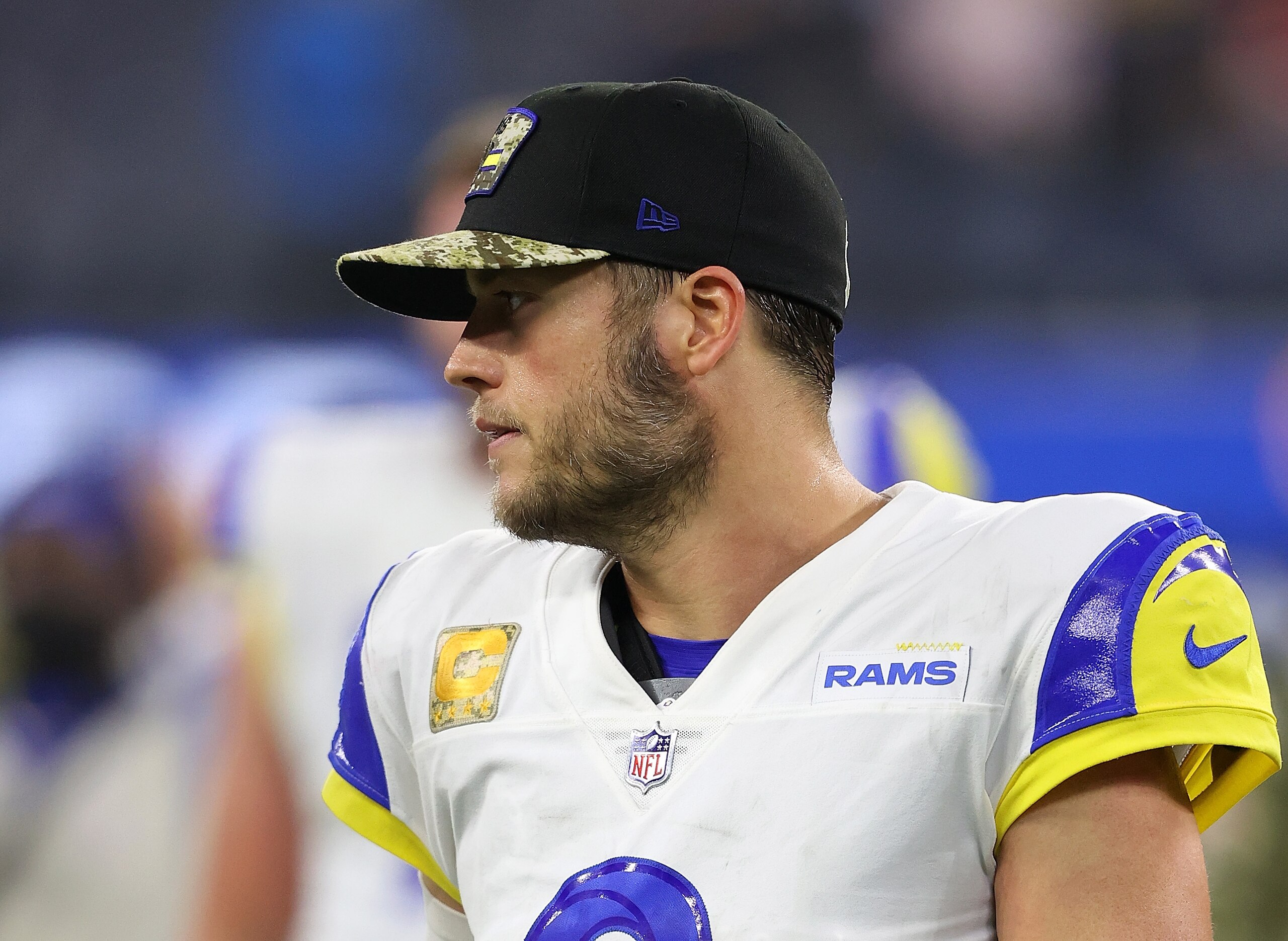 INGLEWOOD, CALIFORNIA - NOVEMBER 07:  Matthew Stafford #9 of the Los Angeles Rams reacts after their 28-16 loss to the Tennessee Titans at SoFi Stadium on November 07, 2021 in Inglewood, California. (Photo by Ronald Martinez/Getty Images)