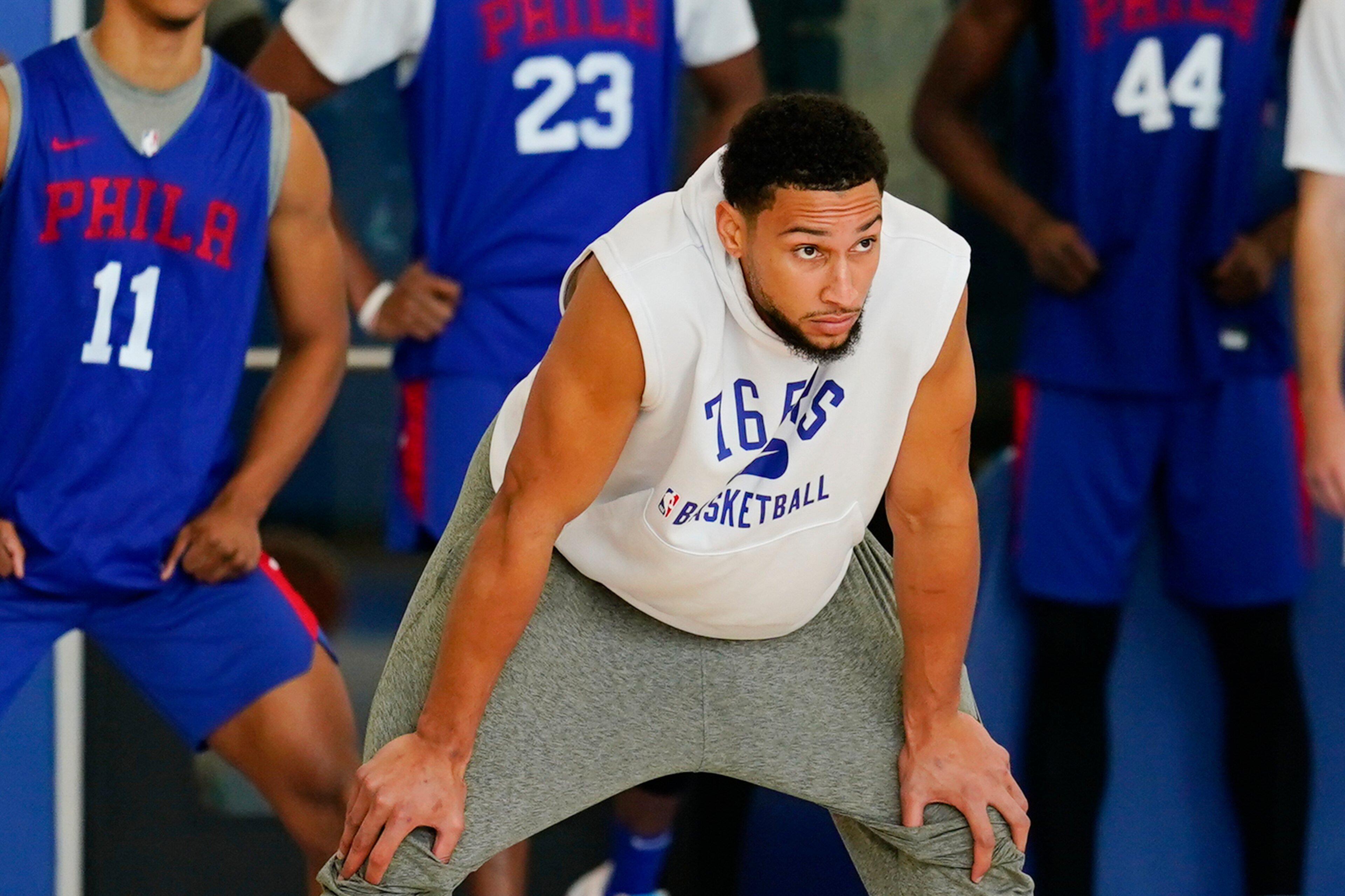 Philadelphia 76ers' Ben Simmons takes part in a practice at the NBA basketball team's facility, Monday, Oct. 18, 2021, in Camden, N.J. (AP Photo/Matt Rourke) Philadelphia 76ers' Ben Simmons takes part in a practice at the NBA basketball team's facility, Monday, Oct. 18, 2021, in Camden, N.J. (AP Photo/Matt Rourke)