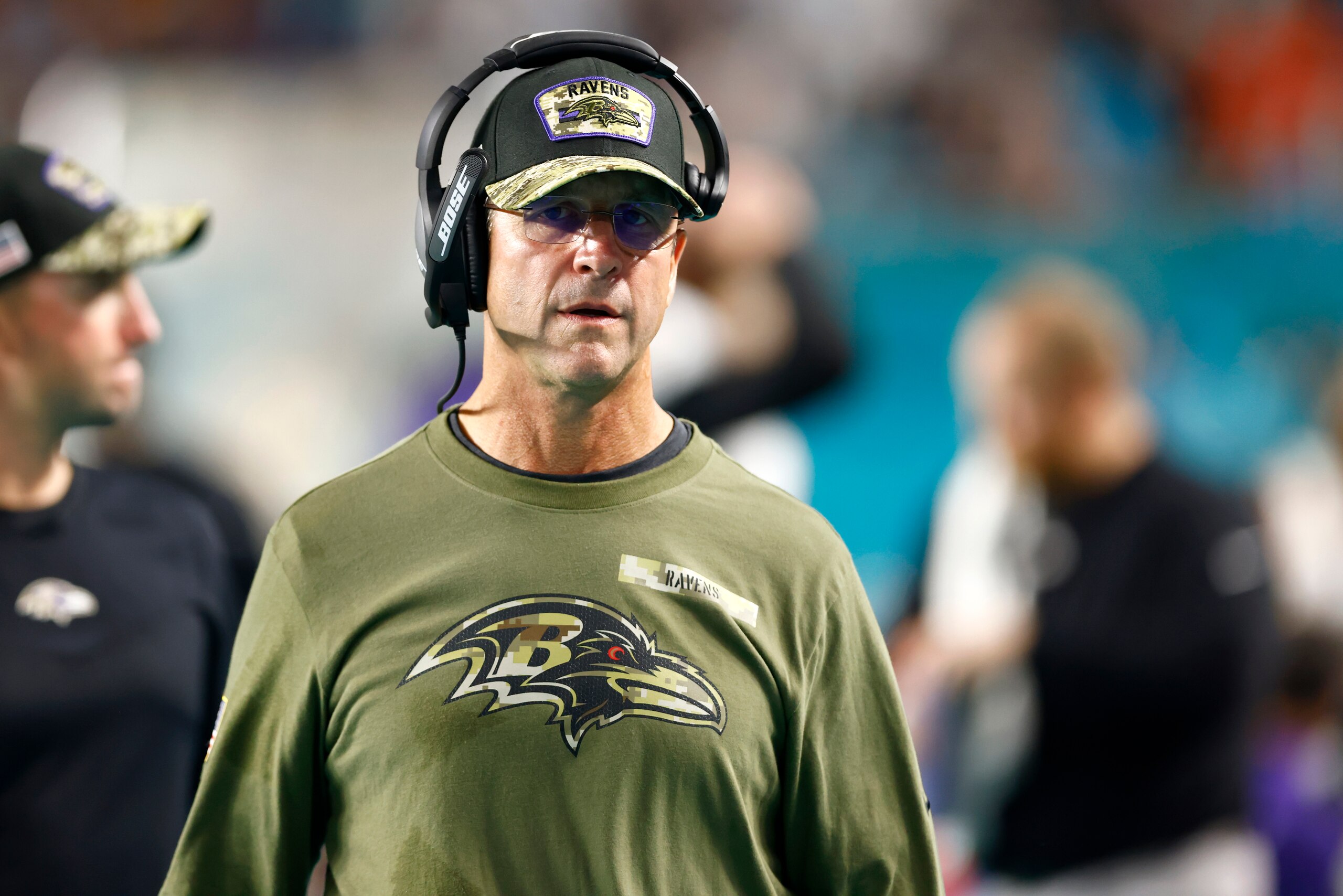 MIAMI GARDENS, FLORIDA - NOVEMBER 11: Head coach John Harbaugh of the Baltimore Ravens looks on against the Miami Dolphins during the third quarter in the game at Hard Rock Stadium on November 11, 2021 in Miami Gardens, Florida. (Photo by Michael Reaves/Getty Images)