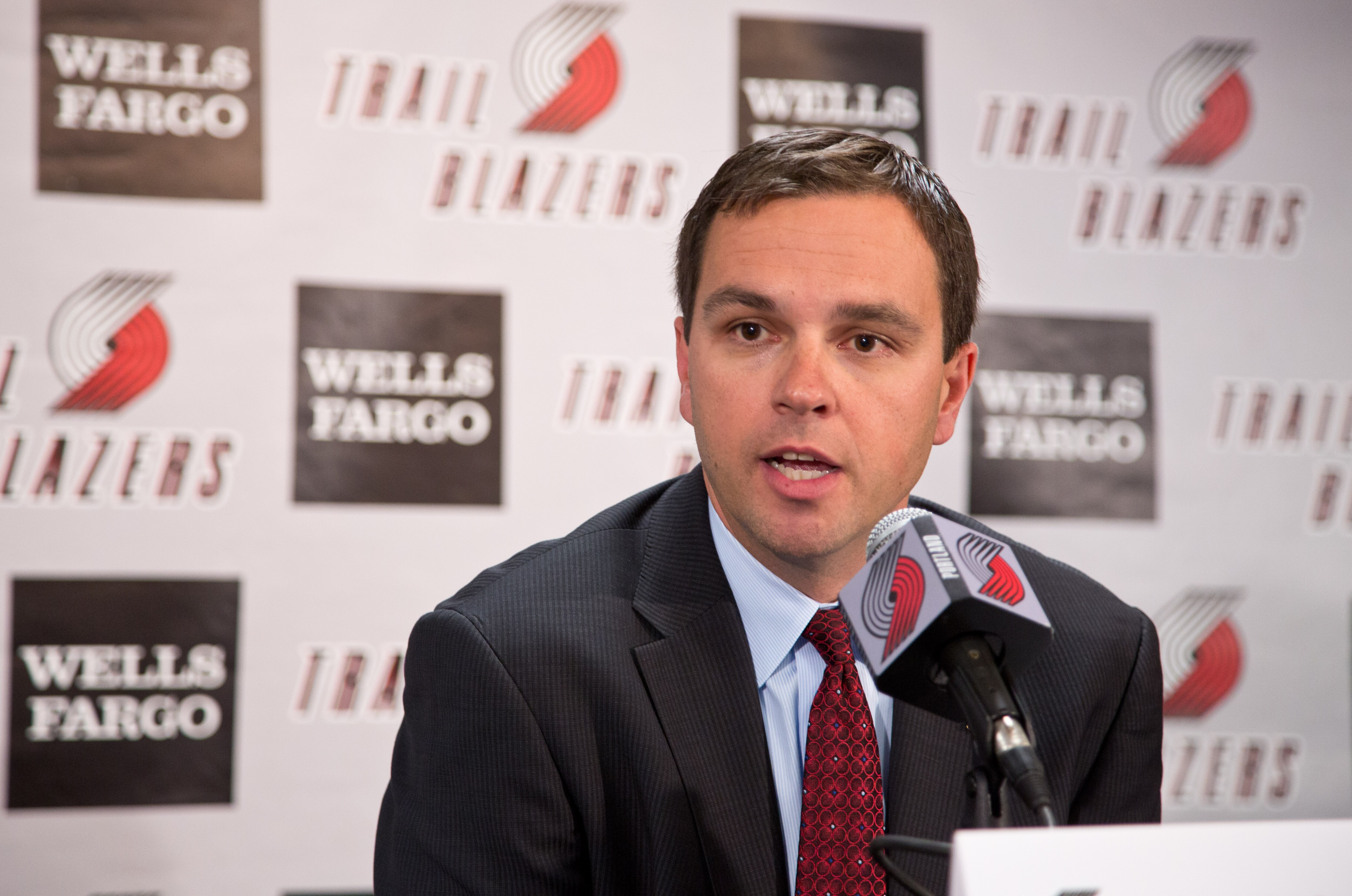 PORTLAND, OR - OCTOBER 30: Newly appointed  Portland Trail Blazers President and CEO Chris McGowan speaks to reporters at his introductory press conference October 30, 2012 at the Rose Garden Arena  in Portland, Oregon. NOTE TO USER: User expressly acknowledges and agrees that, by downloading and or using this photograph, User is consenting to the terms and conditions of the Getty Images License Agreement. Mandatory Copyright Notice: Copyright 2012 NBAE (Photo by Sam Forencich/NBAE via Getty Images)