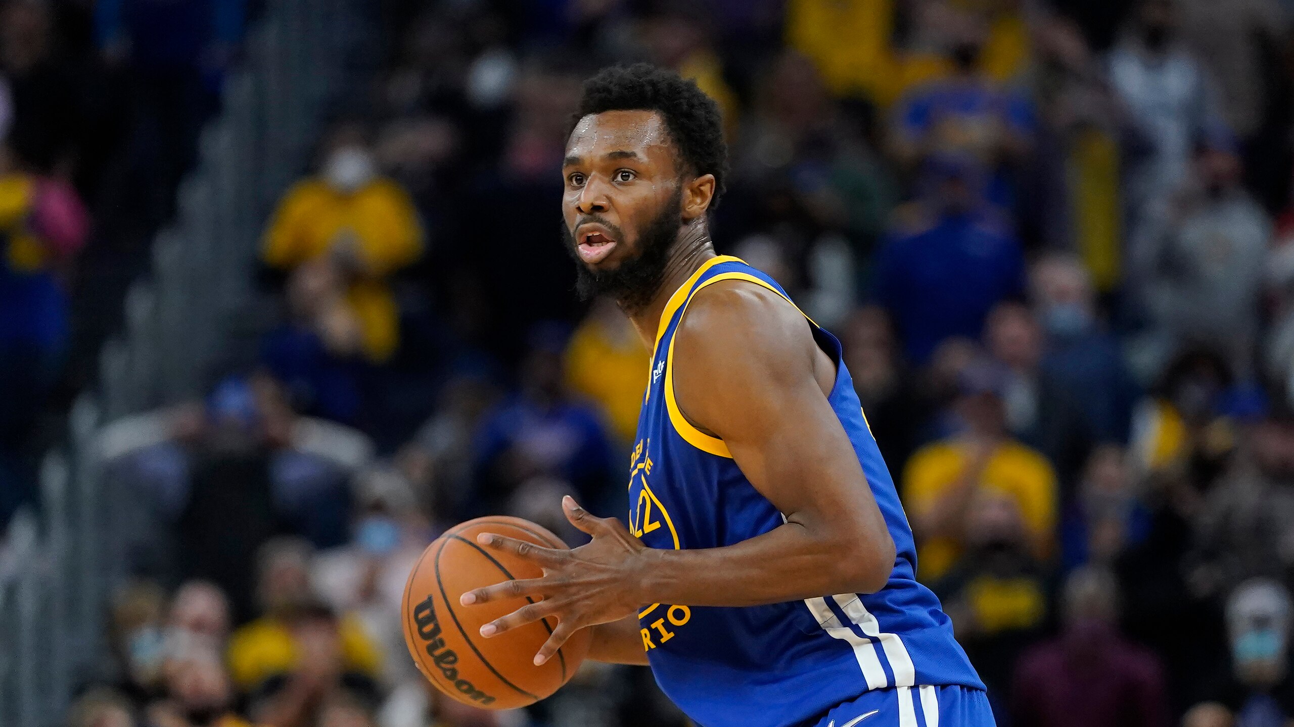 Golden State Warriors forward Andrew Wiggins (22) during an NBA basketball game against the Minnesota Timberwolves in San Francisco, Wednesday, Nov. 10, 2021. (AP Photo/Jeff Chiu) Golden State Warriors forward Andrew Wiggins (22) during an NBA basketball game against the Minnesota Timberwolves in San Francisco, Wednesday, Nov. 10, 2021. (AP Photo/Jeff Chiu)
