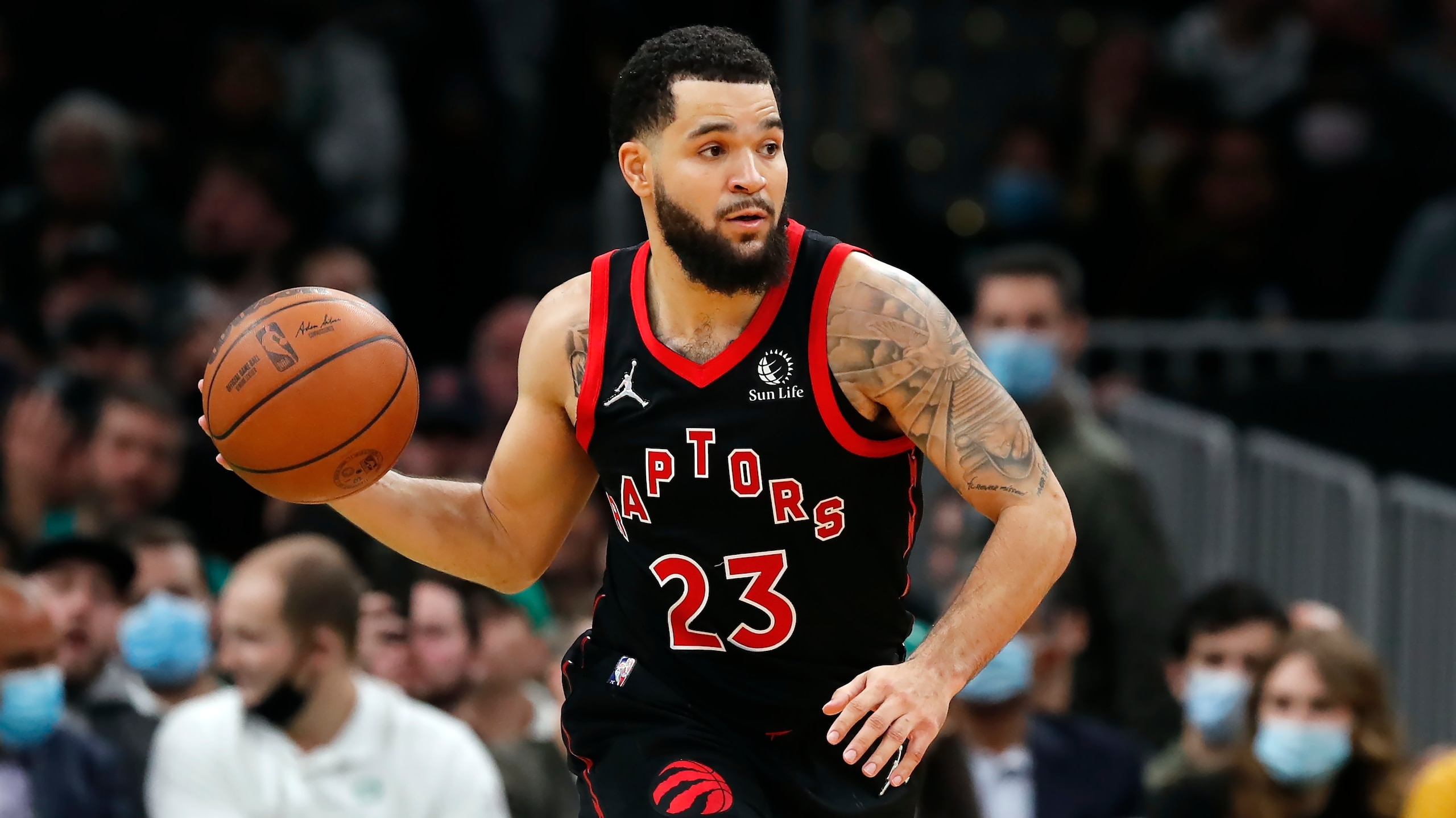 Toronto Raptors' Fred VanVleet plays against the Boston Celtics during the second half of an NBA basketball game, Wednesday, Nov. 10, 2021, in Boston. (AP Photo/Michael Dwyer)