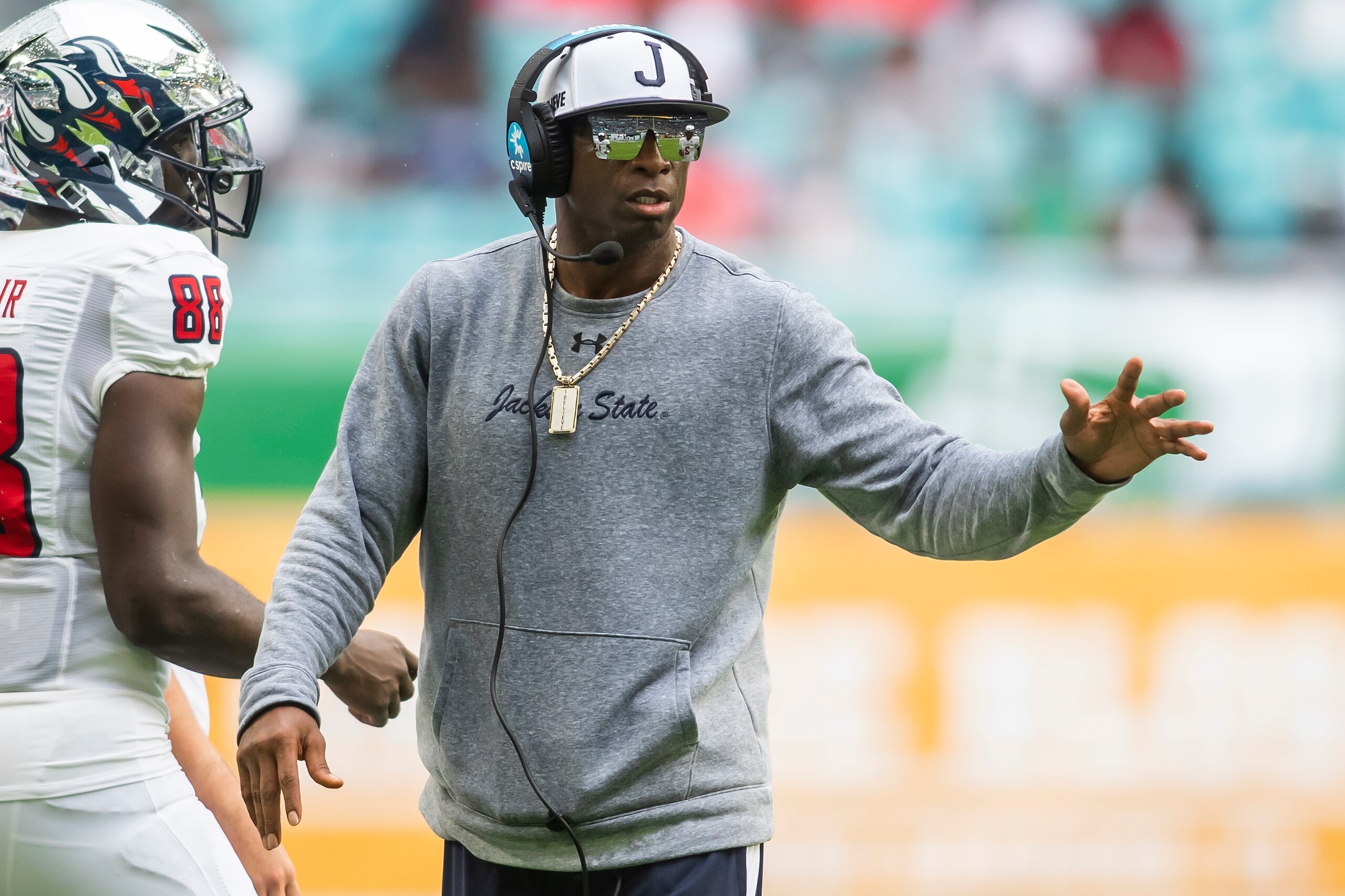 MIAMI GARDENS, FL - SEPTEMBER 05: Jackson State Tigers head coach Deion Sanders watches the run of play during the Orange Blossom Classic game between the Florida A&M Rattlers and the Jackson State Tigers on Sunday September 5th, 2021 at Hard Rock Stadium in Miami Gardens, FL.  (Photo by Nick Tre. Smith/Icon Sportswire via Getty Images)
