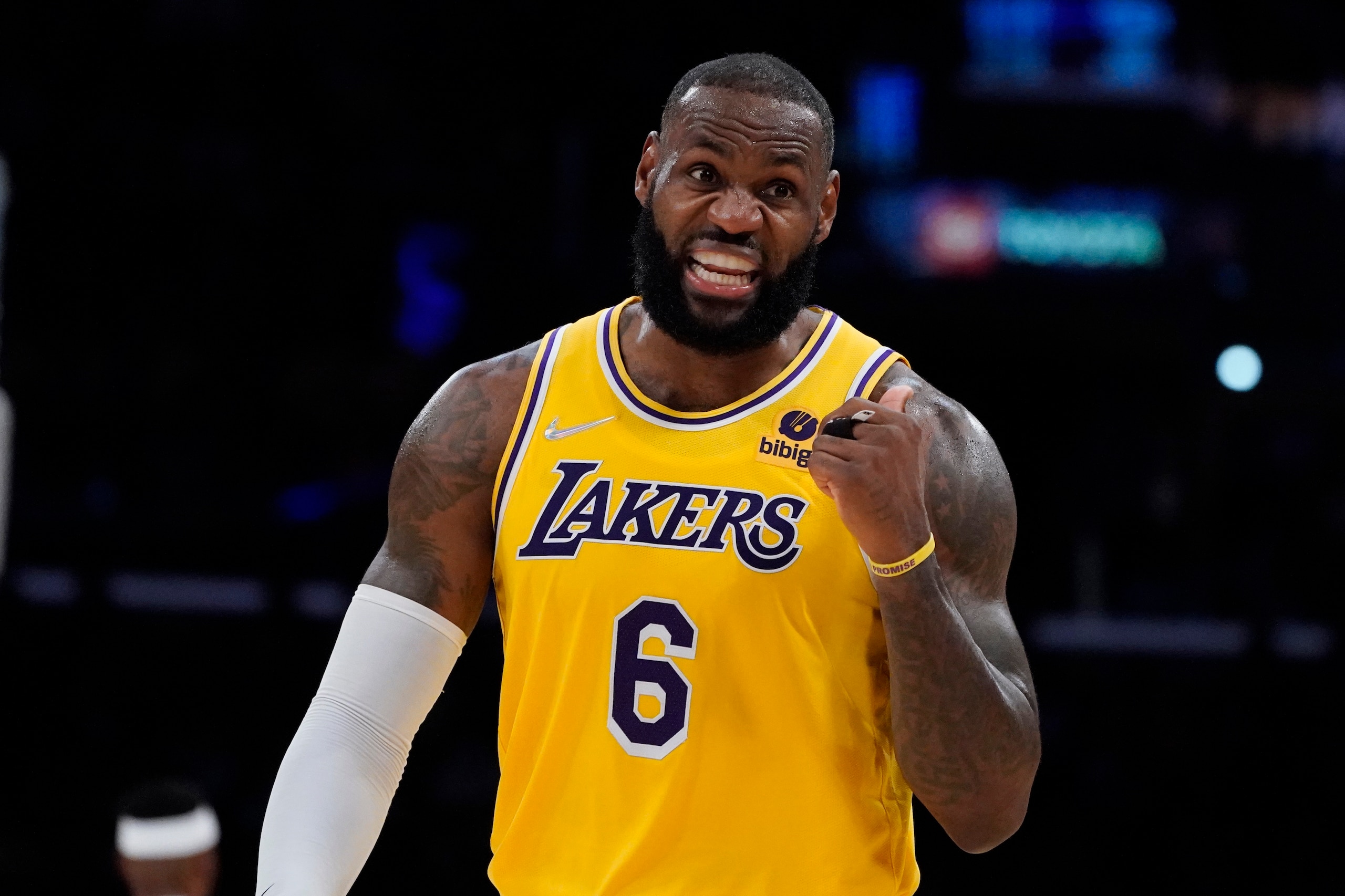Los Angeles Lakers forward LeBron James (6) gestures at a referee during the second half of an NBA basketball game against the Houston Rockets Tuesday, Nov. 2, 2021, in Los Angeles. (AP Photo/Marcio Jose Sanchez)