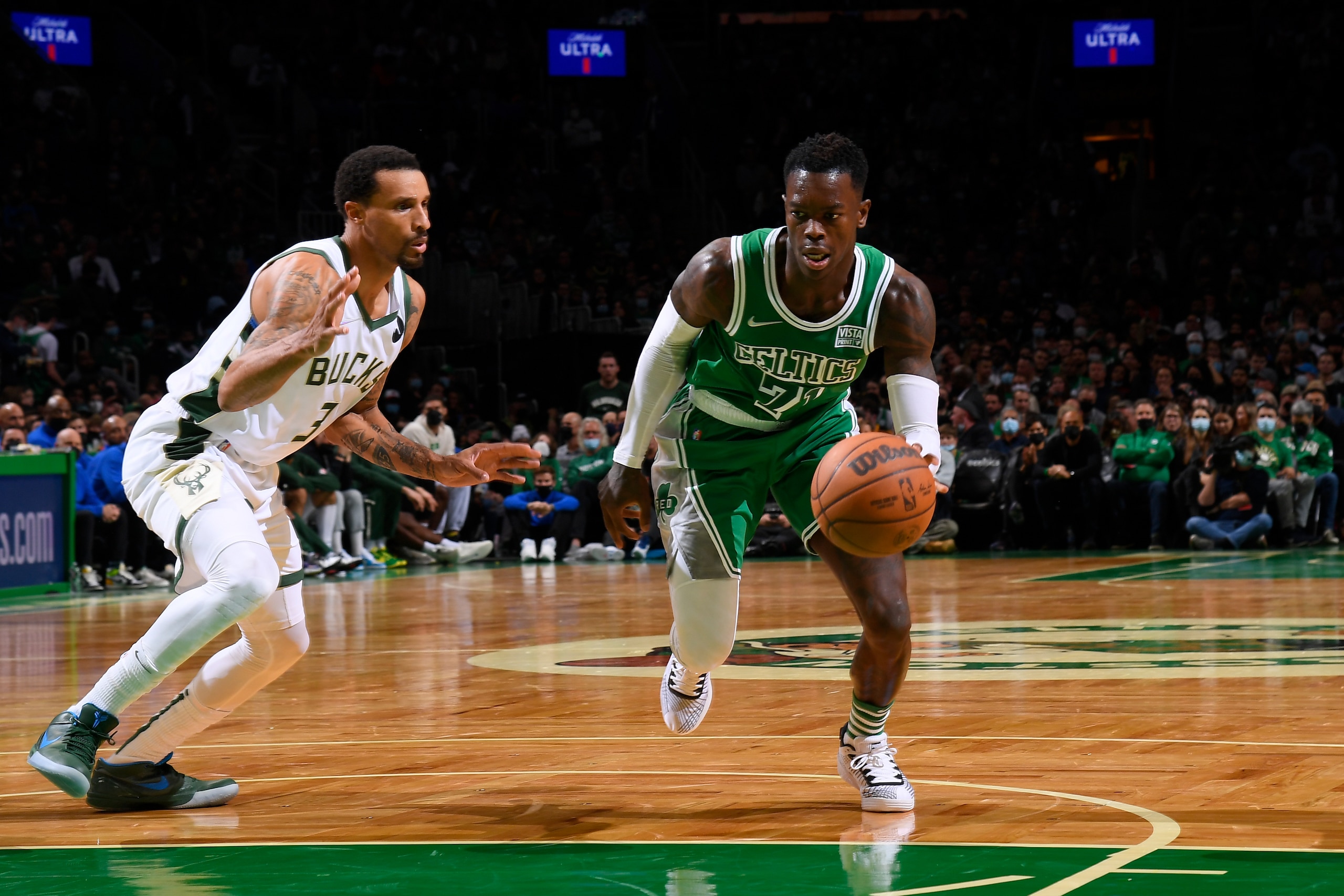 BOSTON, MA - NOVEMBER 12: Dennis Schroder #71 of the Boston Celtics drives to the basket during the game against the Milwaukee Bucks on November 12, 2021 at the TD Garden in Boston, Massachusetts.  NOTE TO USER: User expressly acknowledges and agrees that, by downloading and or using this photograph, User is consenting to the terms and conditions of the Getty Images License Agreement. Mandatory Copyright Notice: Copyright 2021 NBAE  (Photo by Brian Babineau/NBAE via Getty Images)