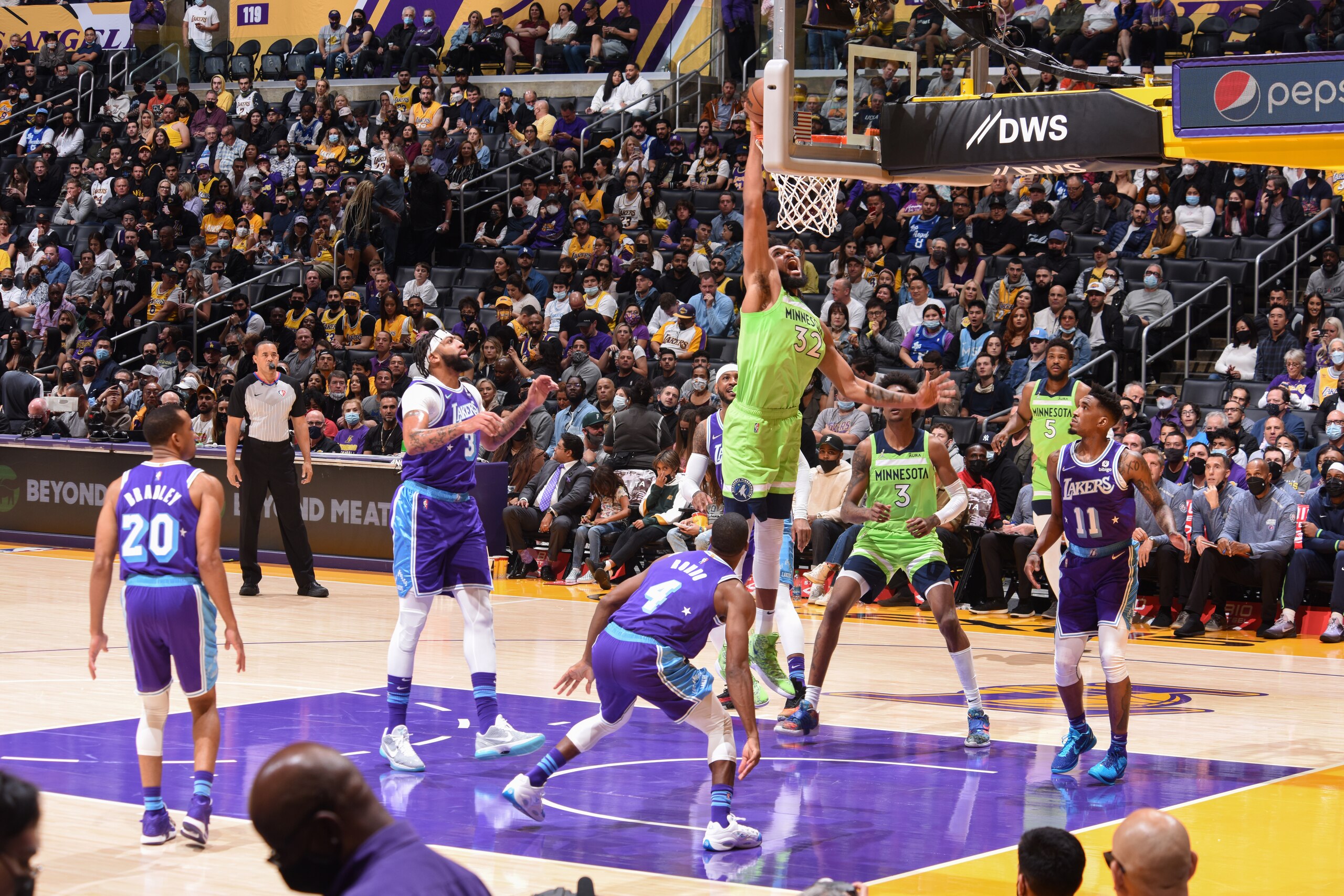 LOS ANGELES, CA - NOVEMBER 12: Karl-Anthony Towns #32 of the Minnesota Timberwolves shoots the ball during the game against the Los Angeles Lakers on November 12, 2021 at STAPLES Center in Los Angeles, California. NOTE TO USER: User expressly acknowledges and agrees that, by downloading and/or using this Photograph, user is consenting to the terms and conditions of the Getty Images License Agreement. Mandatory Copyright Notice: Copyright 2021 NBAE (Photo by Adam Pantozzi/NBAE via Getty Images) LOS ANGELES, CA - NOVEMBER 12: Karl-Anthony Towns #32 of the Minnesota Timberwolves shoots the ball during the game against the Los Angeles Lakers on November 12, 2021 at STAPLES Center in Los Angeles, California. NOTE TO USER: User expressly acknowledges and agrees that, by downloading and/or using this Photograph, user is consenting to the terms and conditions of the Getty Images License Agreement. Mandatory Copyright Notice: Copyright 2021 NBAE (Photo by Adam Pantozzi/NBAE via Getty Images)
