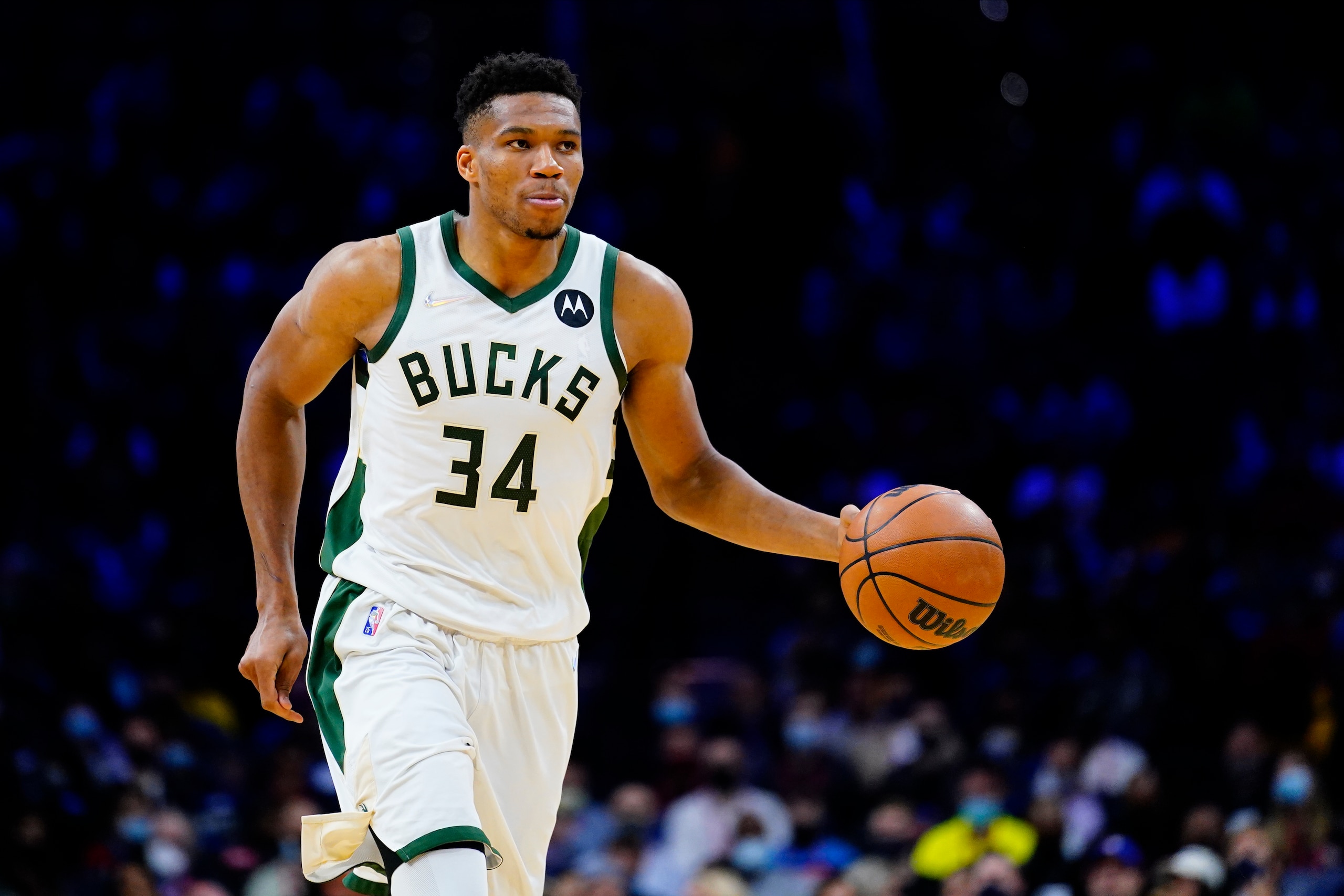 Milwaukee Bucks' Giannis Antetokounmpo plays during an NBA basketball game, Tuesday, Nov. 9, 2021, in Philadelphia. (AP Photo/Matt Slocum)