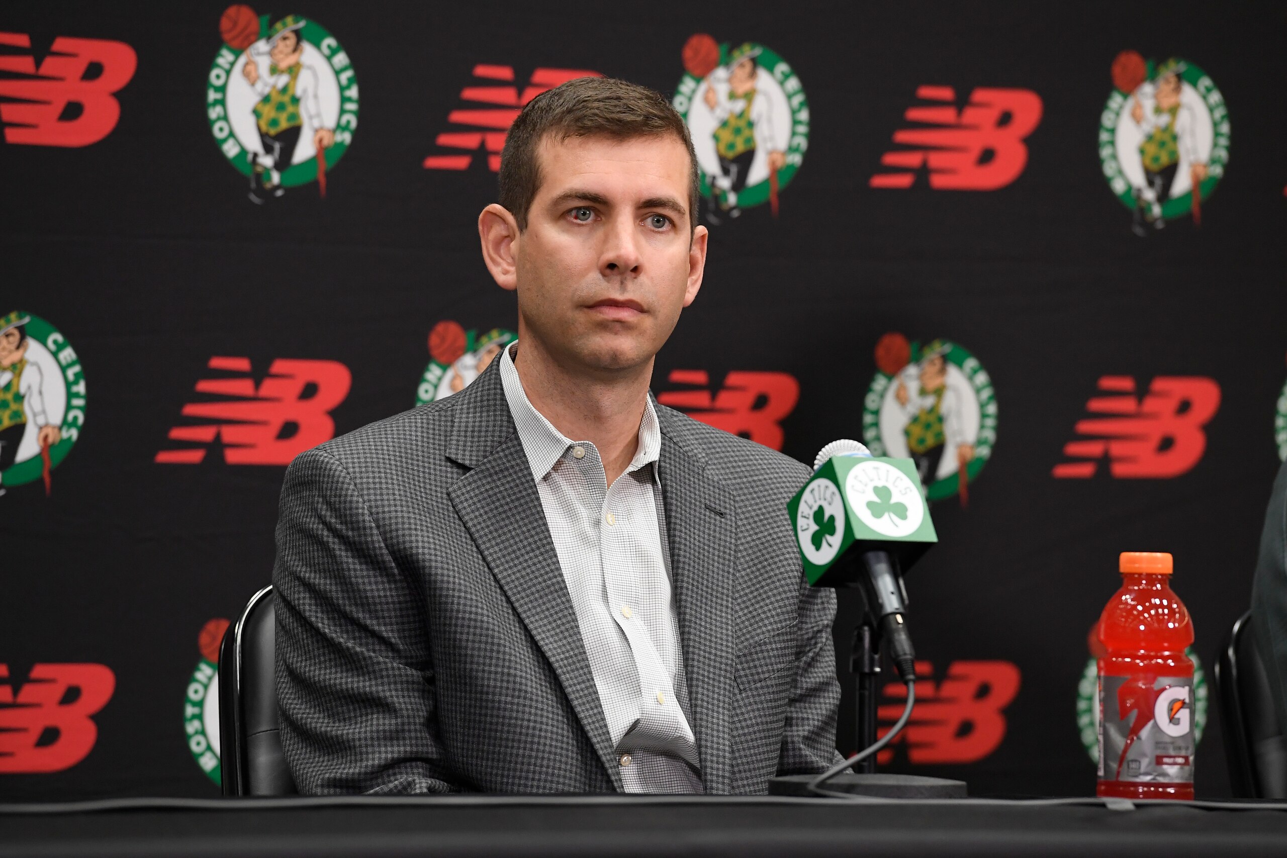 BOSTON, MA - JUNE 28: President, Brad Stevens of the Boston Celtics introduces Ime Udoka as new head coach of the Boston Celtics during a press conference on June 28, 2021 at the TD Garden in Boston, Massachusetts.  NOTE TO USER: User expressly acknowledges and agrees that, by downloading and or using this photograph, User is consenting to the terms and conditions of the Getty Images License Agreement. Mandatory Copyright Notice: Copyright 2021 NBAE  (Photo by Brian Babineau/NBAE via Getty Images)