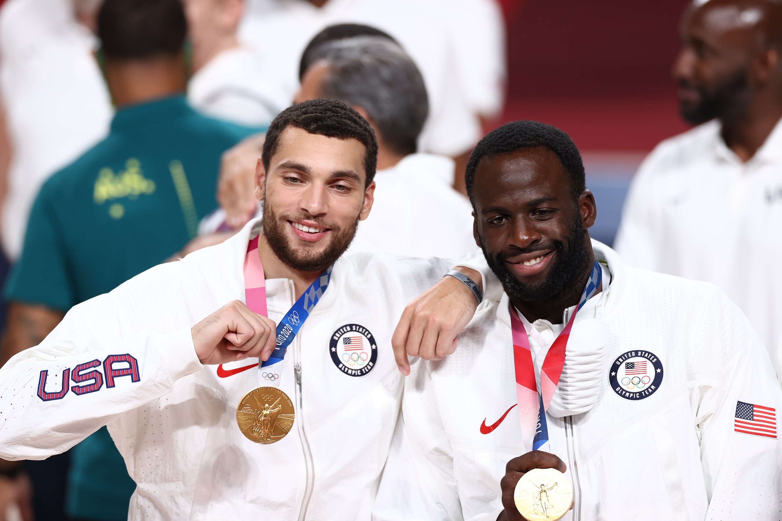 TOKYO, JAPAN -  AUGUST 7: Zach LaVine #5 and Draymond Green #14 of the USA Men's National Team pose for a photo after winning the Gold Medal Game of the 2020 Tokyo Olympics on August 7, 2021 at the Super Saitama Arena in Tokyo, Japan. NOTE TO USER: User expressly acknowledges and agrees that, by downloading and or using this Photograph, user is consenting to the terms and conditions of the Getty Images License Agreement. Mandatory Copyright Notice: Copyright 2021 NBAE (Photo by Stephen Gosling/NBAE via Getty Images)