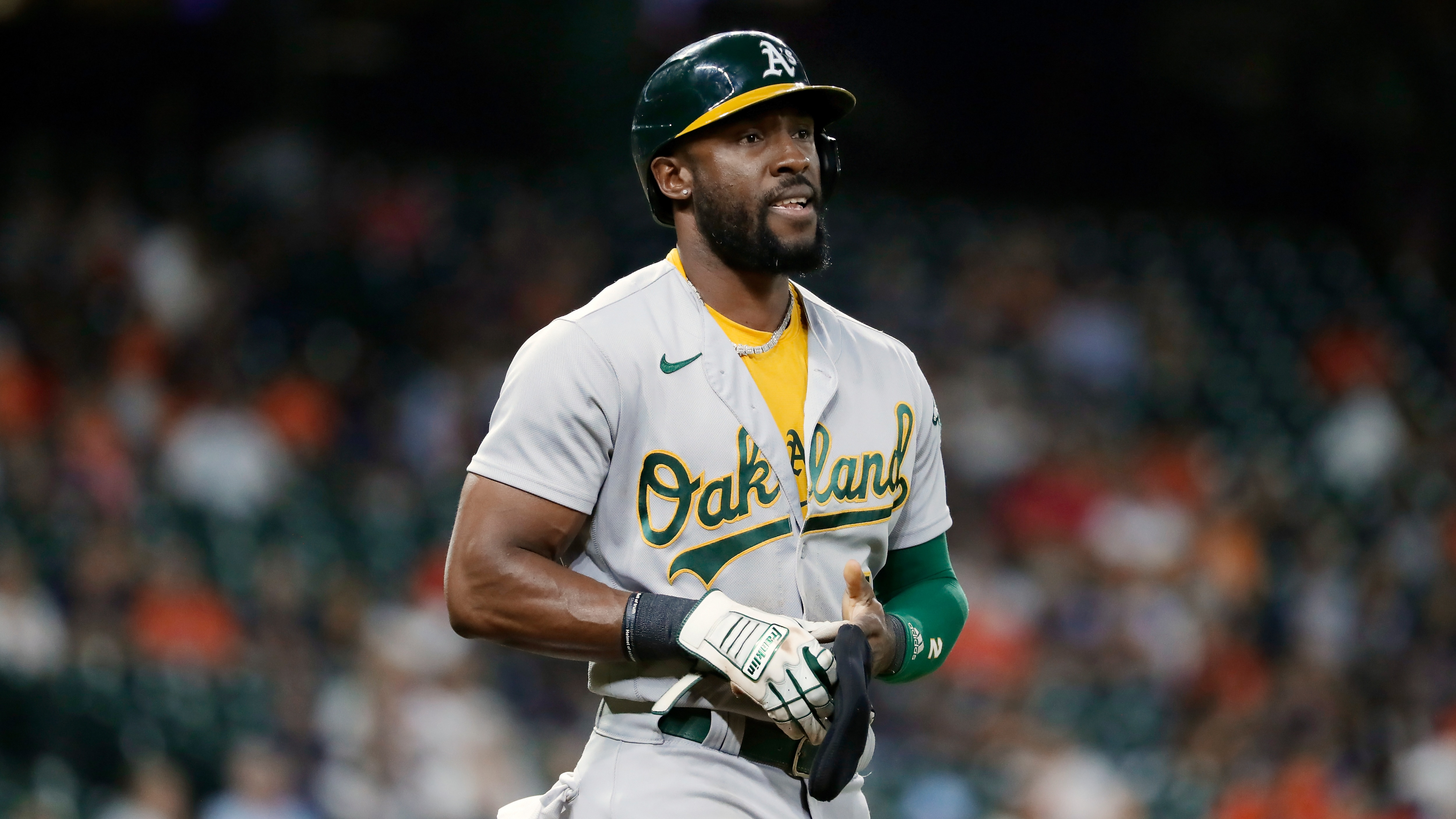 Oakland Athletics' Starling Marte during a baseball game agains the the Houston Astros Friday, Oct. 1, 2021, in Houston. (AP Photo/Michael Wyke)