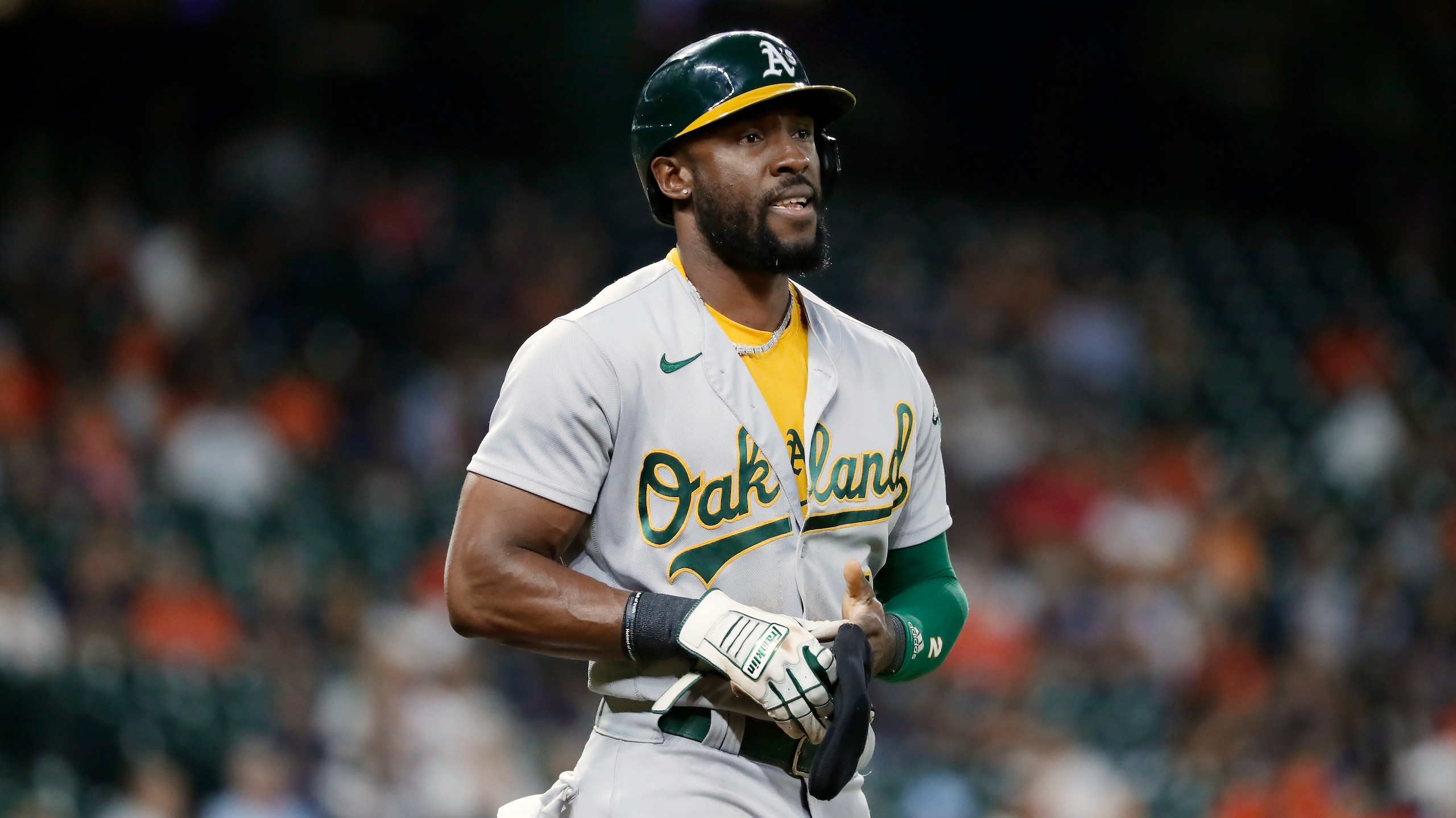 Oakland Athletics' Starling Marte during a baseball game agains the the Houston Astros Friday, Oct. 1, 2021, in Houston. (AP Photo/Michael Wyke)