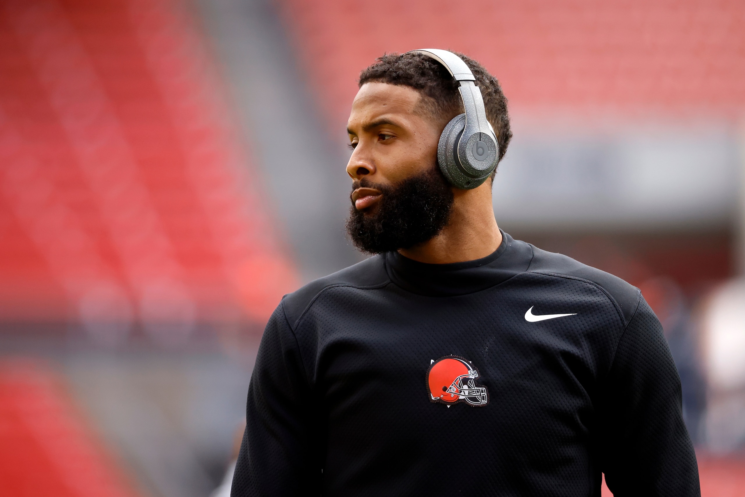 Cleveland Browns wide receiver Odell Beckham Jr. (13) warms up prior to the start of an NFL football game against the Pittsburgh Steelers, Sunday, Oct. 31, 2021, in Cleveland. (AP Photo/Kirk Irwin)