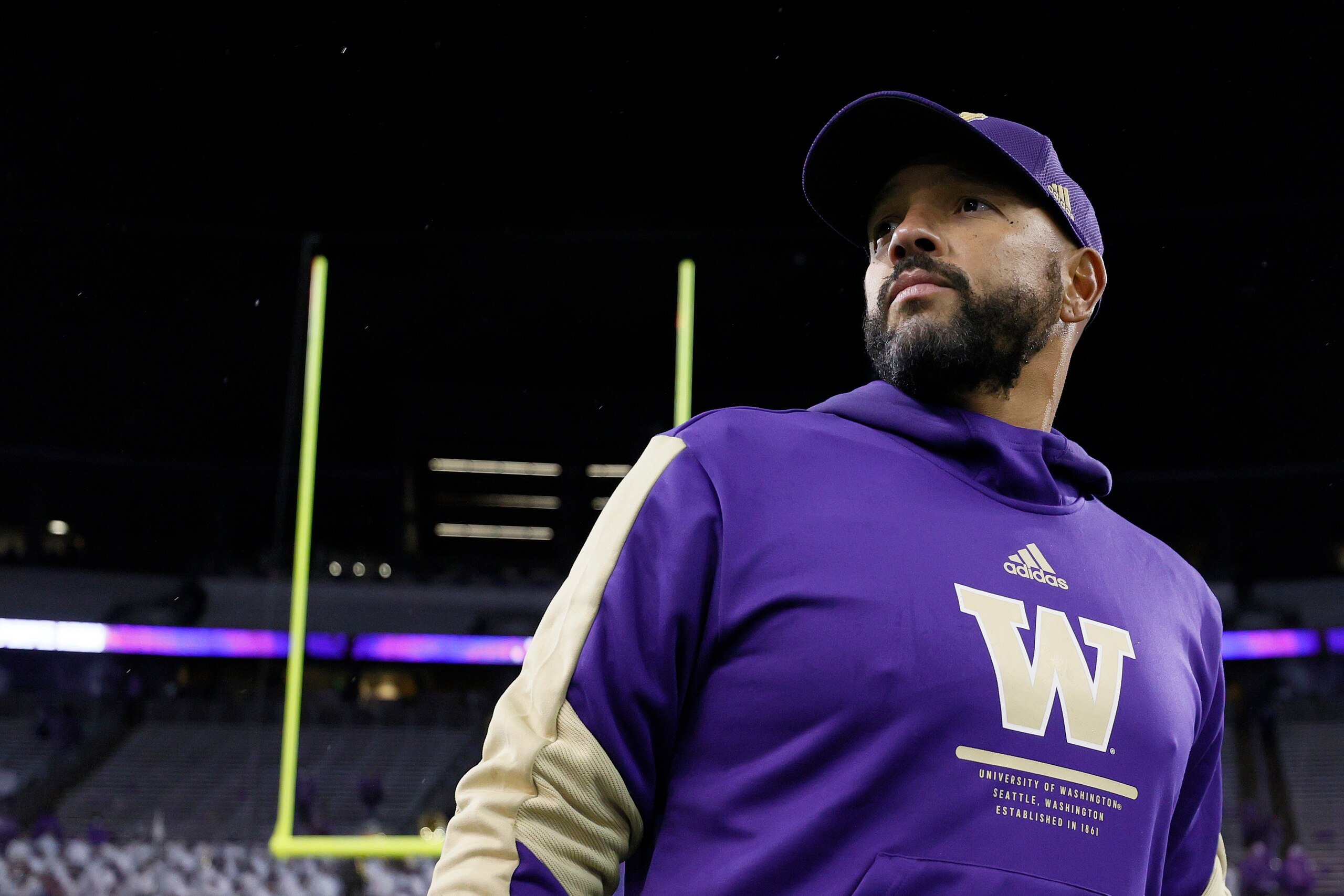 SEATTLE, WASHINGTON - NOVEMBER 06: Head coach Jimmy Lake of the Washington Huskies looks on after losing to Oregon Ducks 26-16 at Husky Stadium on November 06, 2021 in Seattle, Washington. (Photo by Steph Chambers/Getty Images)
