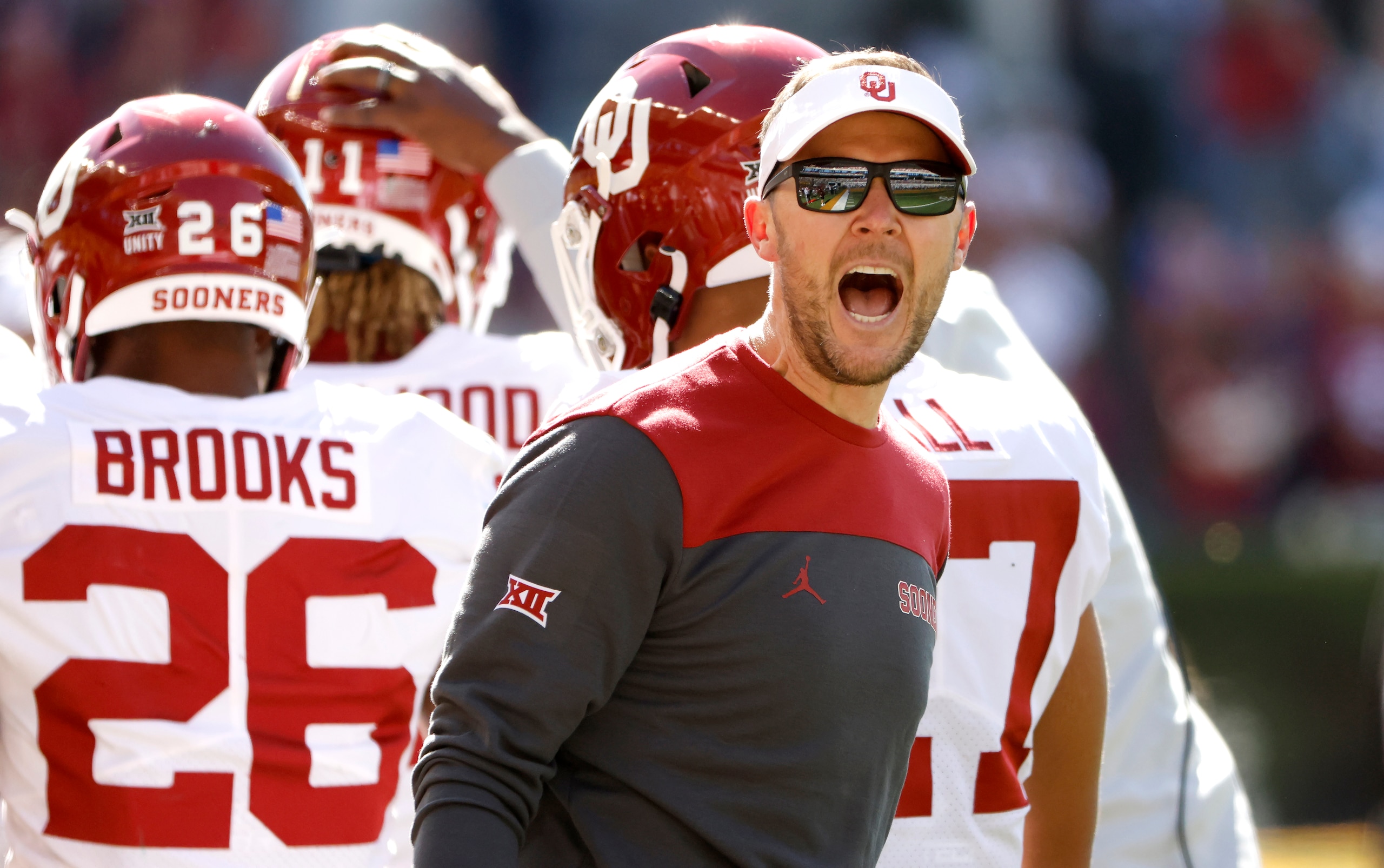WACO, TX - NOVEMBER 13: Head coach Lincoln Riley of the Oklahoma Sooners reacts after the Sooners scored a touchdown against the Baylor Bears in the first half at McLane Stadium on November 13, 2021 in Waco, Texas. (Photo by Ron Jenkins/Getty Images)
