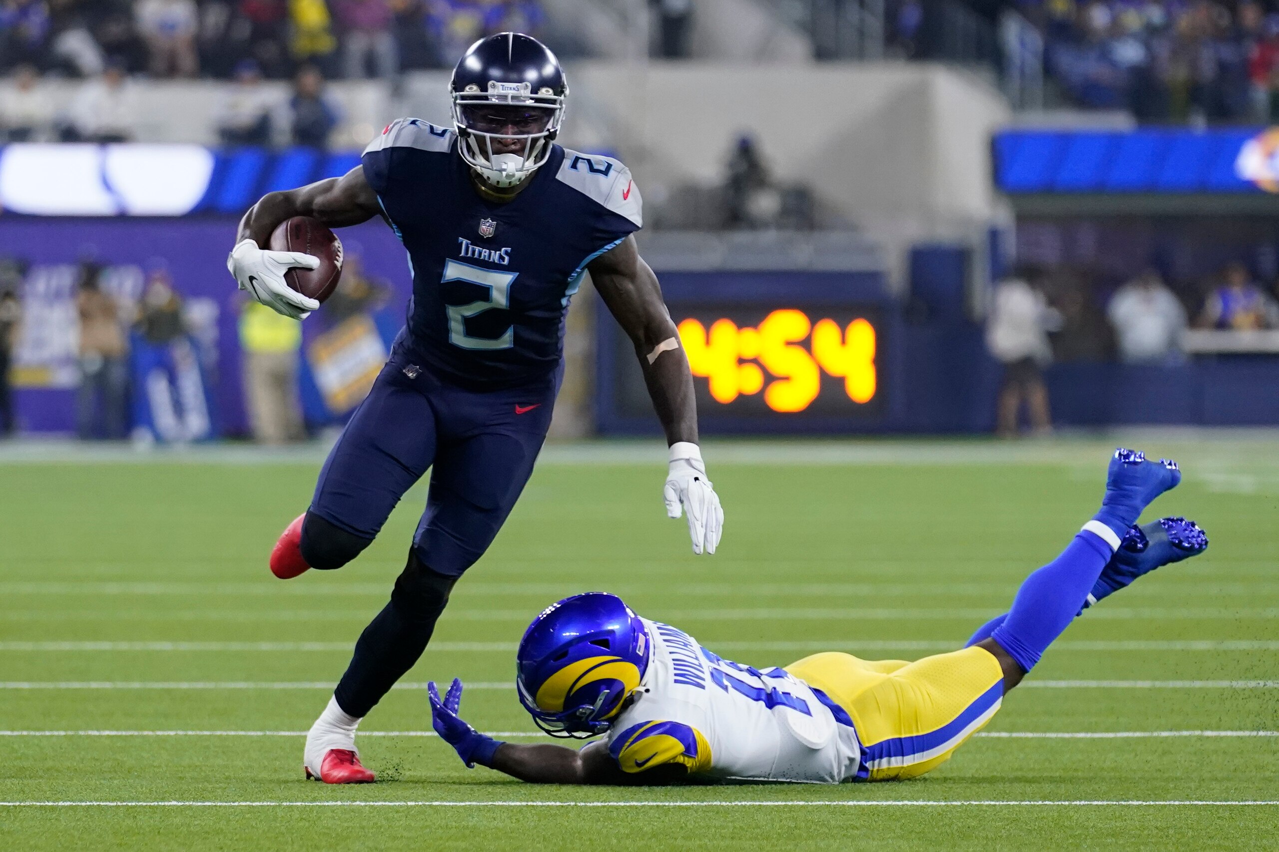Tennessee Titans wide receiver Julio Jones, left, gets away from Los Angeles Rams defensive back Darious Williams during the first half of an NFL football game Sunday, Nov. 7, 2021, in Inglewood, Calif. (AP Photo/Marcio Jose Sanchez) Tennessee Titans wide receiver Julio Jones, left, gets away from Los Angeles Rams defensive back Darious Williams during the first half of an NFL football game Sunday, Nov. 7, 2021, in Inglewood, Calif. (AP Photo/Marcio Jose Sanchez)