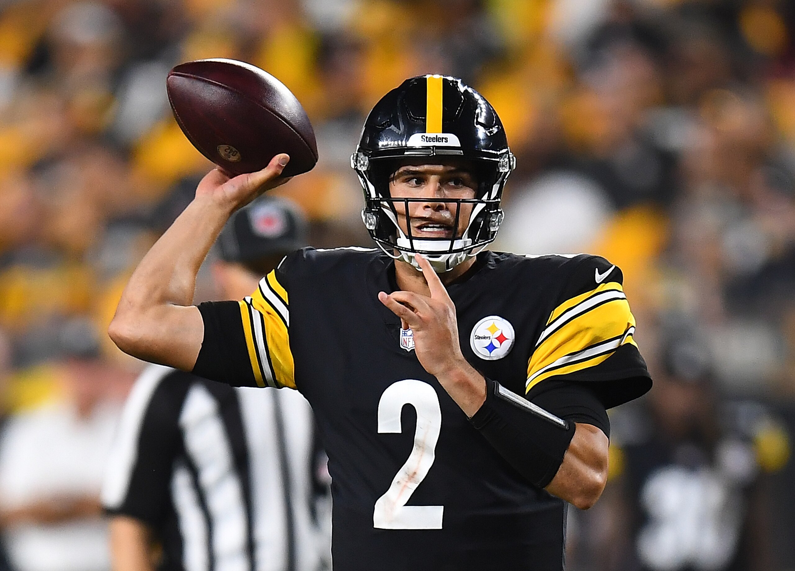 PITTSBURGH, PA - AUGUST 21:  Mason Rudolph #2 of the Pittsburgh Steelers throws a pass during the third quarter against the Detroit Lions at Heinz Field on August 21, 2021 in Pittsburgh, Pennsylvania. (Photo by Joe Sargent/Getty Images)