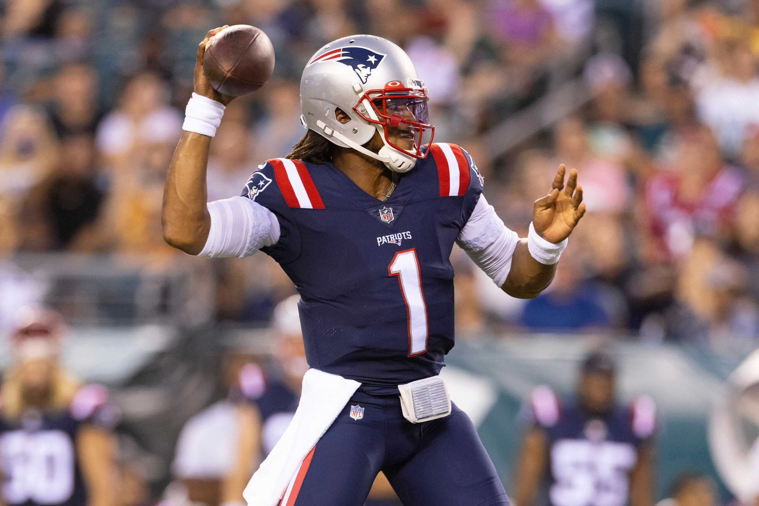 PHILADELPHIA, PA - AUGUST 19: Cam Newton #1 of the New England Patriots passes the ball against the Philadelphia Eagles in the preseason game at Lincoln Financial Field on August 19, 2021 in Philadelphia, Pennsylvania. The Patriots defeated the Eagles 35-0. (Photo by Mitchell Leff/Getty Images)