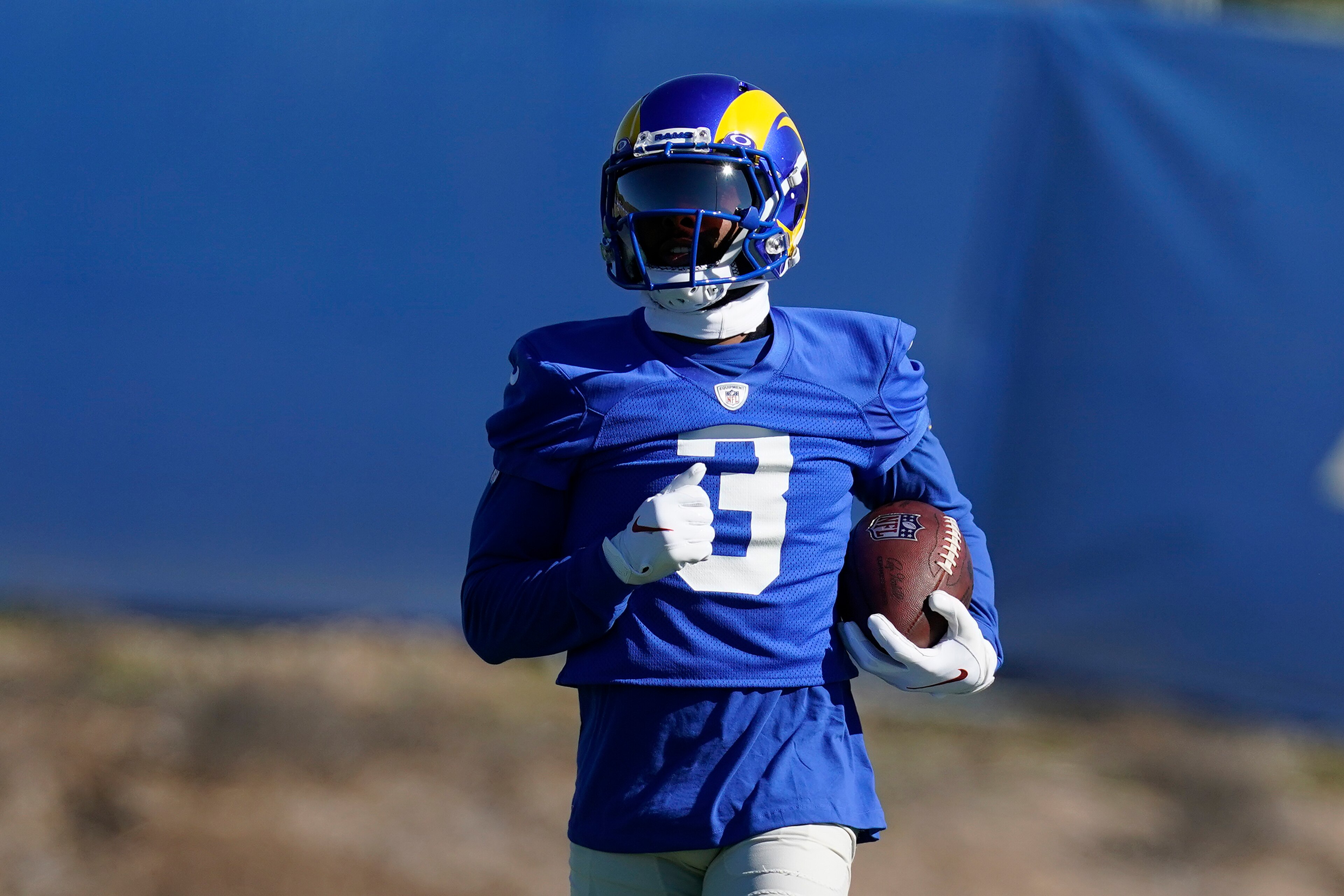 Los Angeles Rams wide receiver Odell Beckham Jr. runs after a catch during NFL football practice Saturday, Nov. 13, 2021, in Thousand Oaks, Calif. (AP Photo/Marcio Jose Sanchez) Los Angeles Rams wide receiver Odell Beckham Jr. runs after a catch during NFL football practice Saturday, Nov. 13, 2021, in Thousand Oaks, Calif. (AP Photo/Marcio Jose Sanchez)