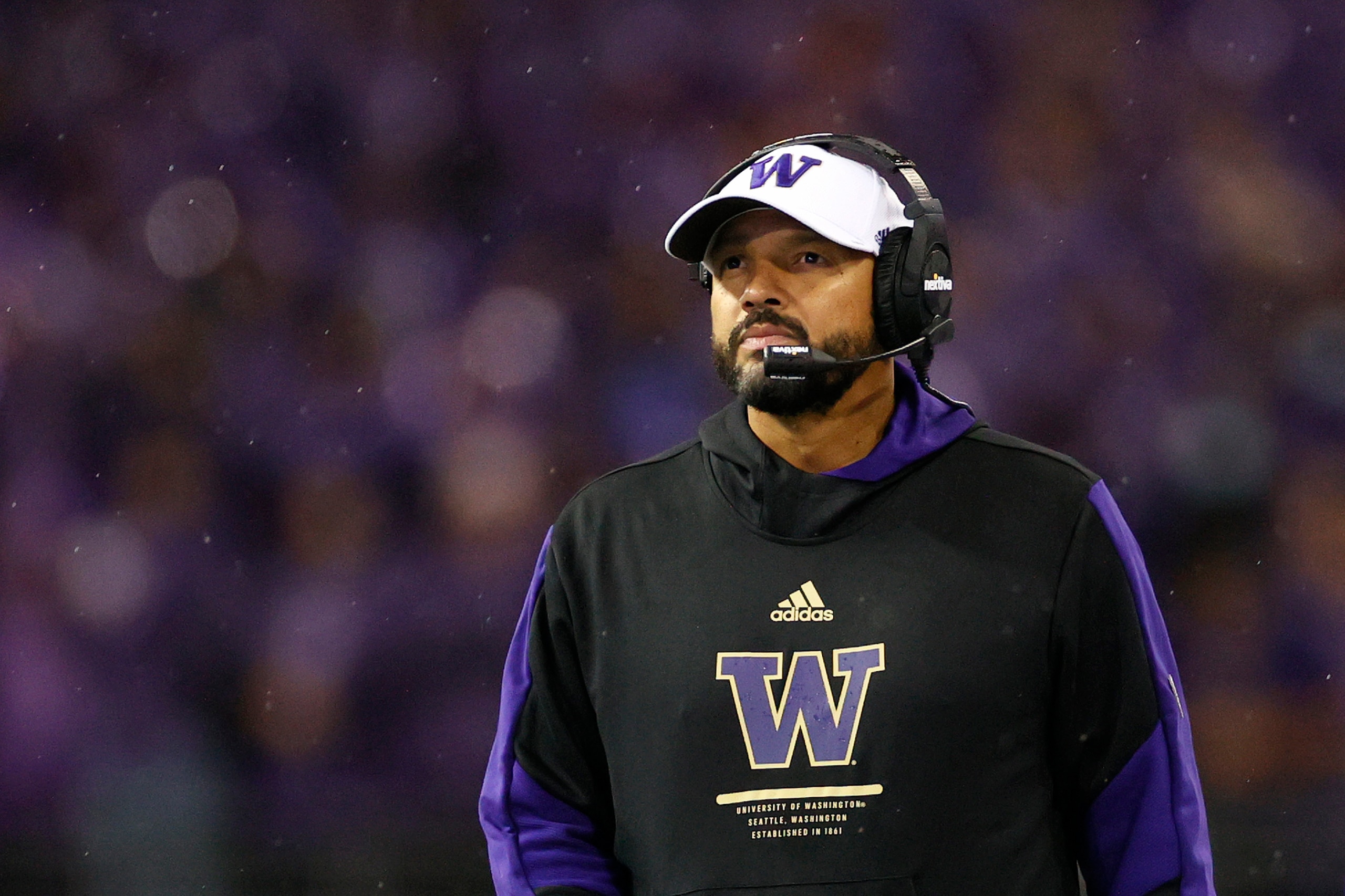 SEATTLE, WASHINGTON - NOVEMBER 06: Head coach Jimmy Lake of the Washington Huskies looks on during the third quarter against the Oregon Ducks at Husky Stadium on November 06, 2021 in Seattle, Washington. (Photo by Steph Chambers/Getty Images)