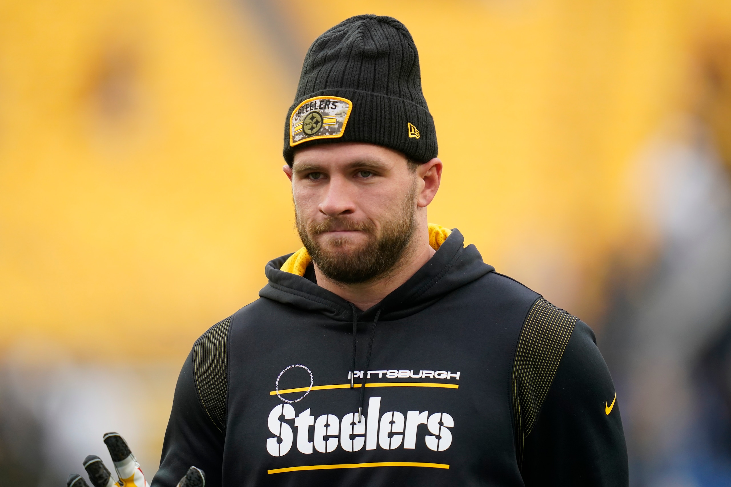 Pittsburgh Steelers outside linebacker T.J. Watt (90) warms up before an NFL football game against the Detroit Lions, Sunday, Nov. 14, 2021, in Pittsburgh. (AP Photo/Keith Srakocic)