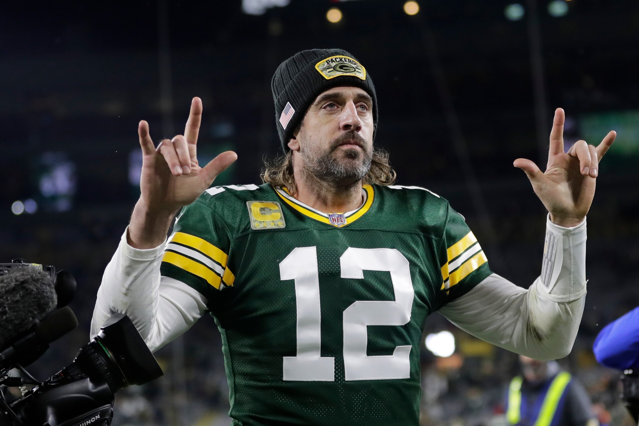 Green Bay Packers' Aaron Rodgers walks off the field after an NFL football game against the Seattle Seahawks Sunday, Nov. 14, 2021, in Green Bay, Wis. The Packers won 17-0. (AP Photo/Aaron Gash)