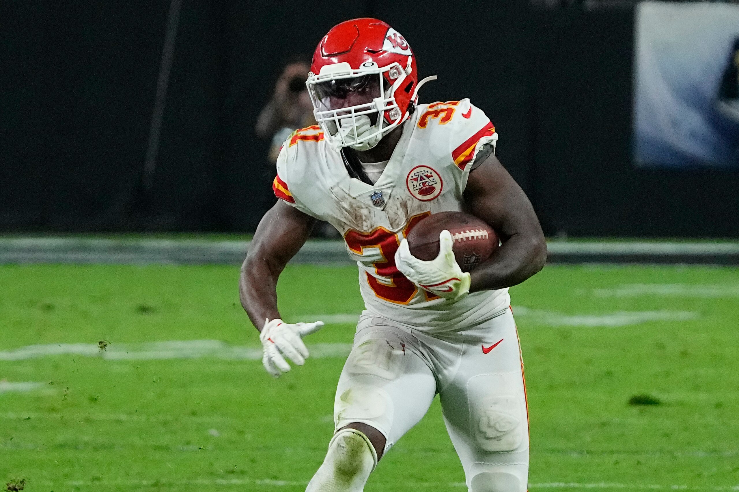 Kansas City Chiefs running back Darrel Williams (31) during the second half of an NFL football game against the Las Vegas Raiders, Sunday, Nov. 14, 2021, in Las Vegas. (AP Photo/Rick Scuteri)