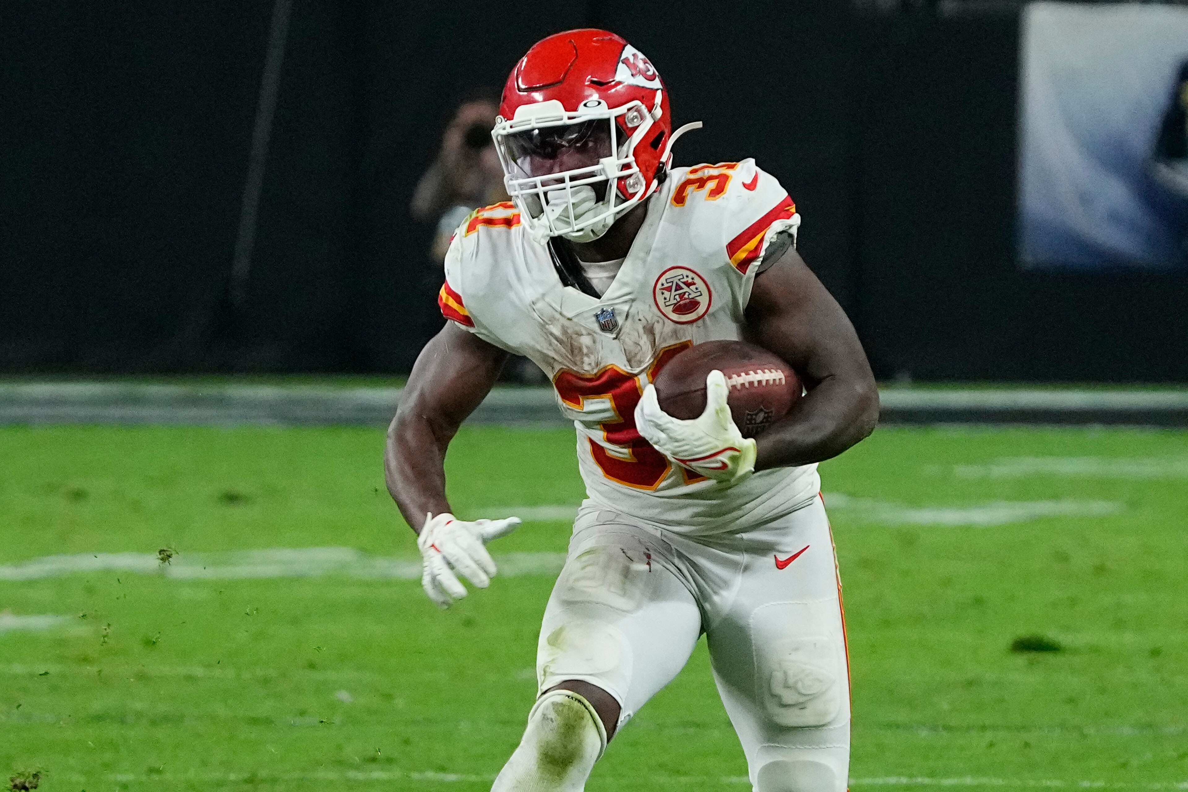 Kansas City Chiefs running back Darrel Williams (31) during the second half of an NFL football game against the Las Vegas Raiders, Sunday, Nov. 14, 2021, in Las Vegas. (AP Photo/Rick Scuteri)